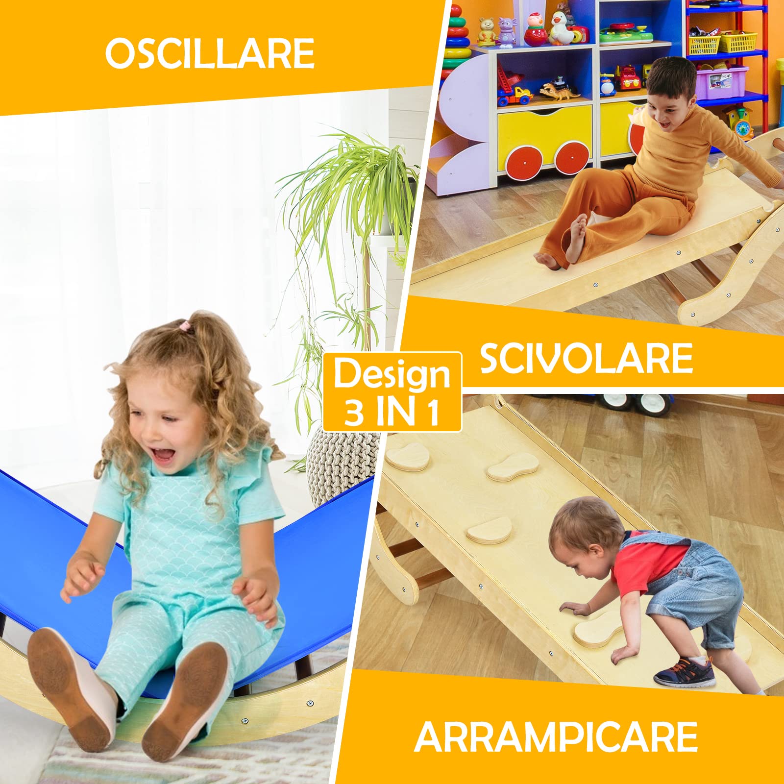 COSTWAY 4 in 1 Set da Arrampicata per Bambini, Scala Giochi Arrampicata con Tappetino, Scala a Volta Versatile per Arrampicarsi e Scivolare, Carico 60 kg (Naturale)