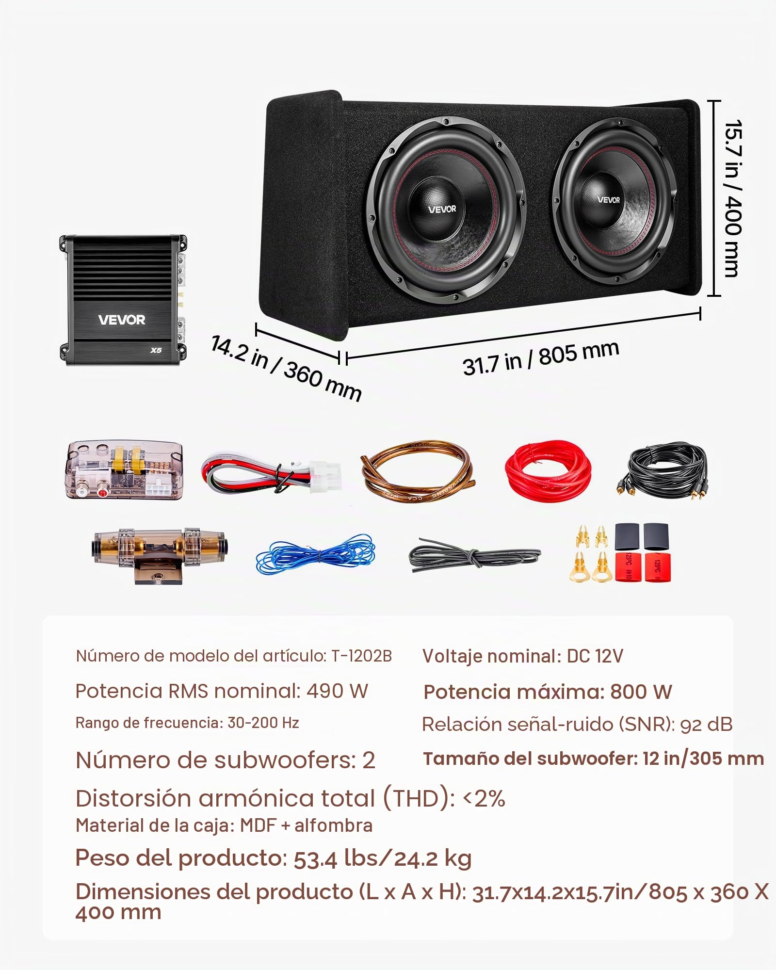 VEVOR Paquete de Subwoofer y Amplificador 490W RMS 305 mm, Subwoofer Dual con Carcasa, Amplificador Independiente y Juego de Cableado, para Maleteros de Vehículos y Sistemas de Audio de Coche