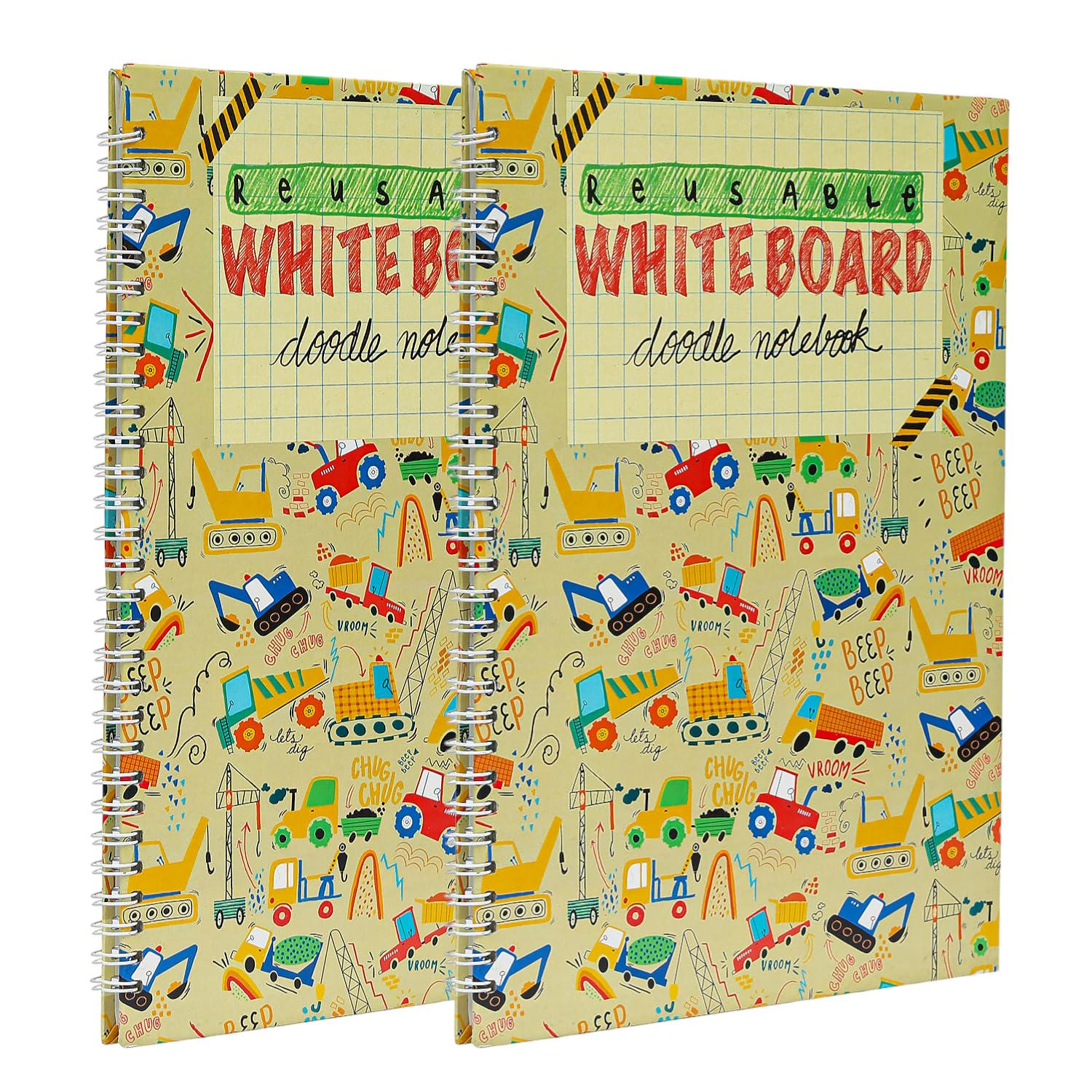 CocoMoco Erasable Doodle Drawing Book Set - 2 pc Combo of Chalk Board and White Board Reusable Drawing Books for Kids - Construction Cars Theme (Includes Sketch Pens + Chalks) (Construction Cars)