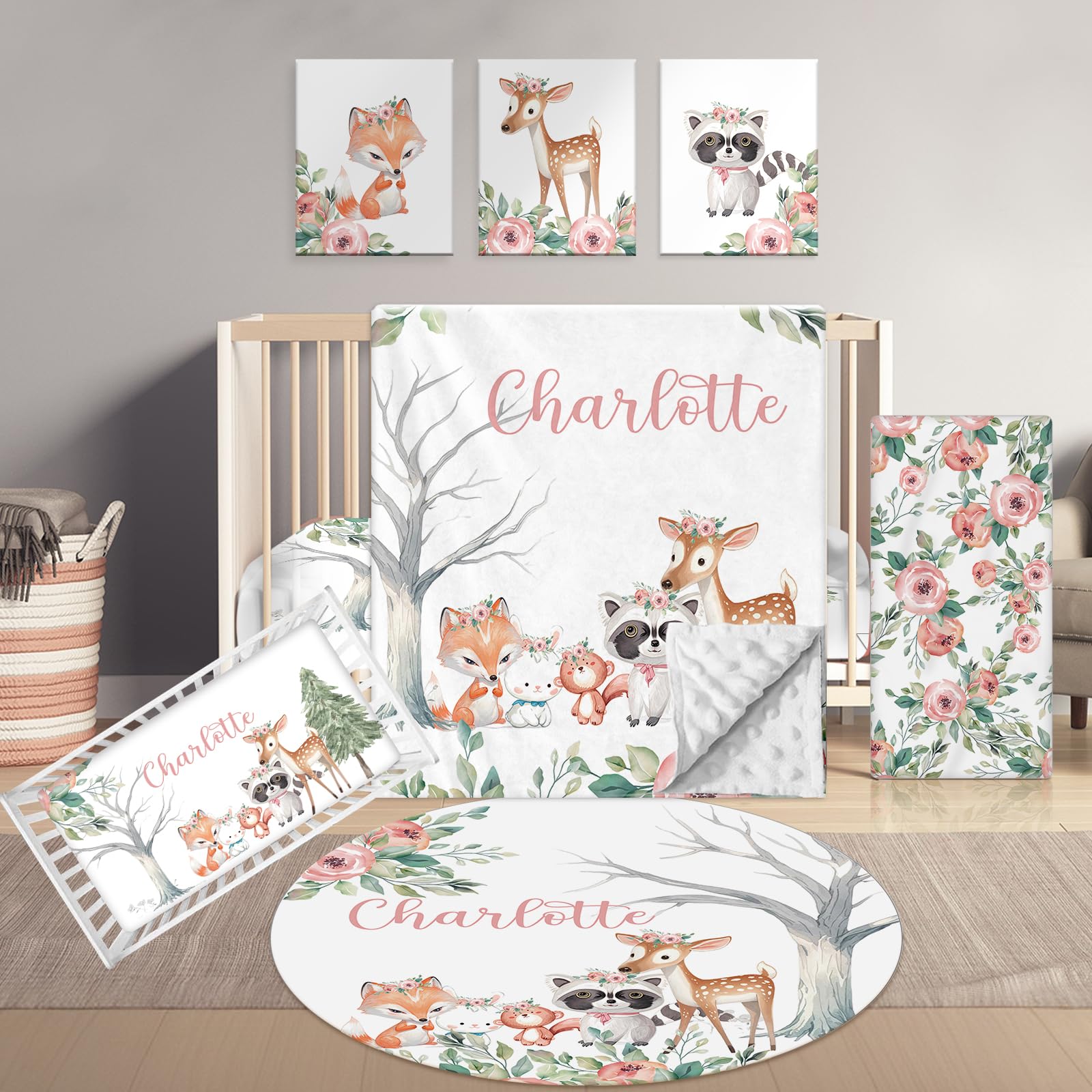 Terwex Personalized Baby Bedding Set - 5 Pcs Custom Name Bedding Crib Set for Girls Boys, Soft Toddler Crib Set for Infant Customized Gifts, Pink Forest Animals