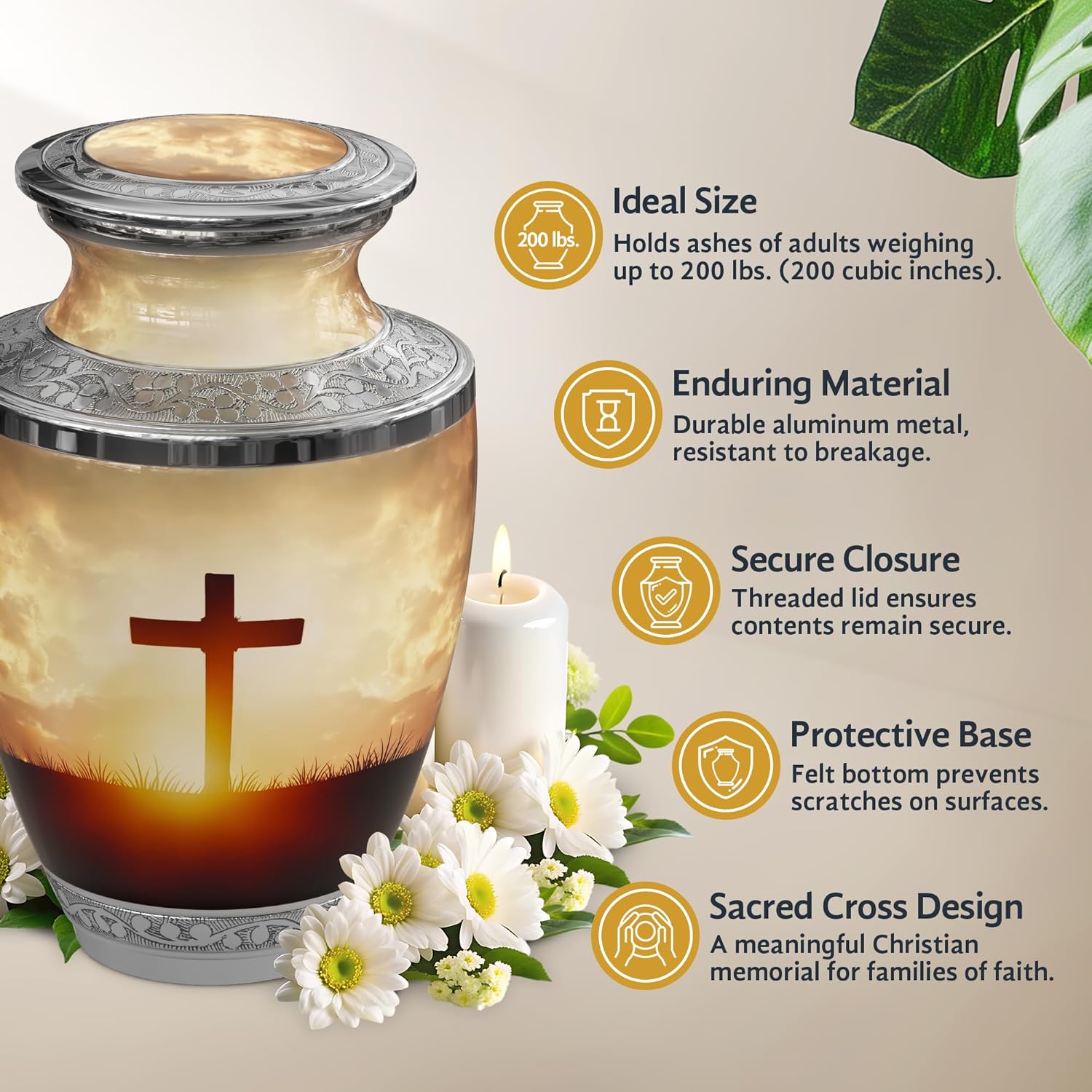 Transcendent Cross Urn for Ashes Adult Male/Female, Cremation Urns for Human Ashes Adult Man/Woman, 200 Cubic Inch Capacity