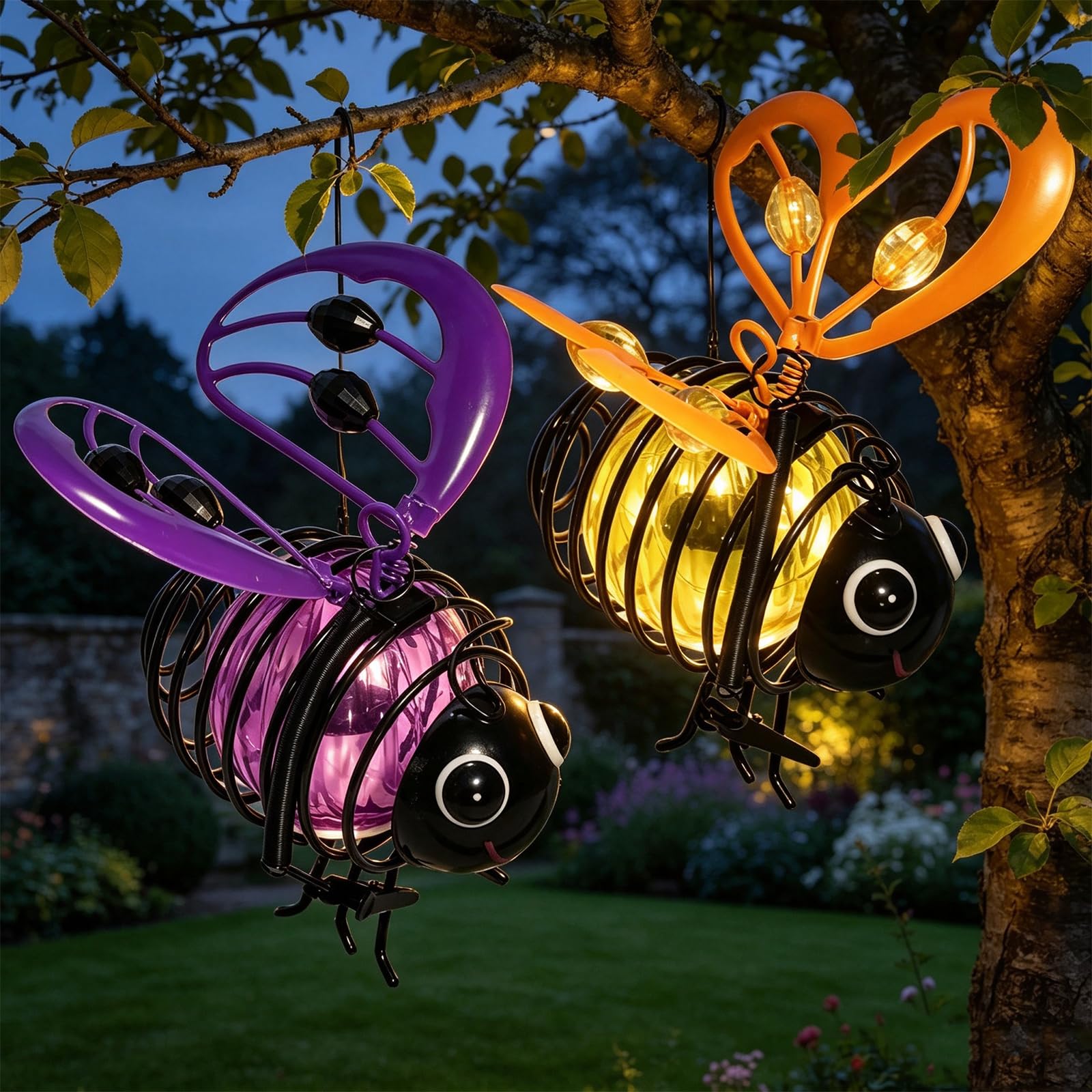 Solar Powered Hanging Bee Garden Light Outdoor, Metal Waterproof Garden Lantern, Auto-On Led Fairy Decor for Patio Yard Pathway (2pcs-a)
