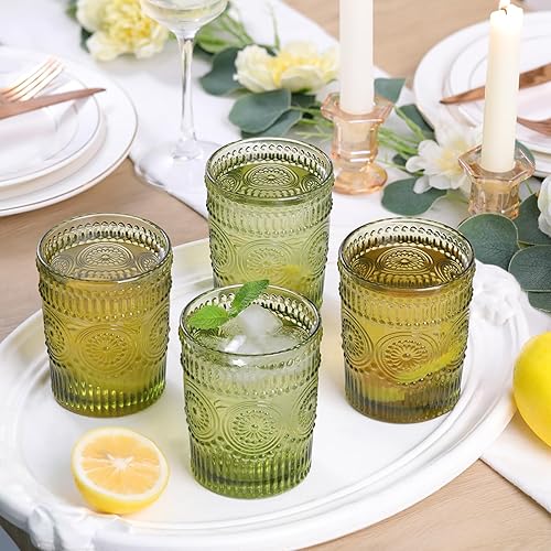 Miniatura 3 de Juego de 4 vasos de vidrio vintage para beber de 10.5 onzas, vasos de agua verdes en relieve, para jugo, cerveza, cóctel, whisky, varias bebidas