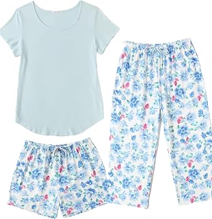 Ekouaer 3 PCS Capri Pajamas for Women Set Short Sleeve Pajama Lounge Sets | Floral Pj Sets Top and Capri Pants Soft Comfy Sleepwear with Pockets for Home, Daily Wear for Mom, Wife, Grandmother
