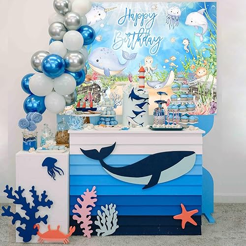Miniatura 4 de Mocsicka Pancarta de cumpleaños con texto en inglés "Under The Sea", decoración de acuarela pulpo, ballena, tiburón, animal marino, fondo para