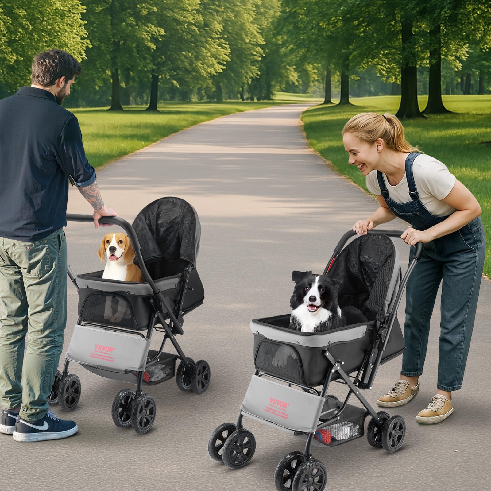 VEVOR Poussette pour Chien Animaux de Compagnie Pliable, Charge 20 kg, avec 4 Roues et Freins Arrière, Fenêtres en Maille, Poignée Réversible, pour Chats, Animaux de Compagnie Taille Petite Moyenne