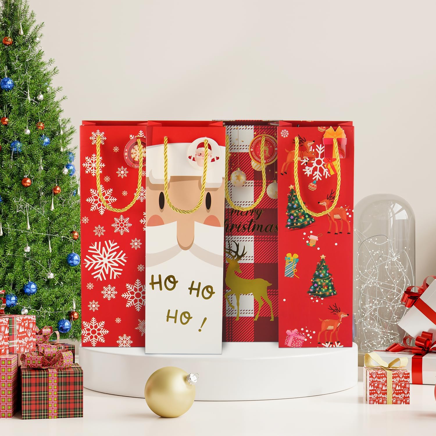 PINWATT 12Pcs Christmas Wine Bottle Gift Bags with Tissues and Tags, Holiday Wine Gift Bags Bulk for Wine Bottles Christmas Wrapping - Image 4