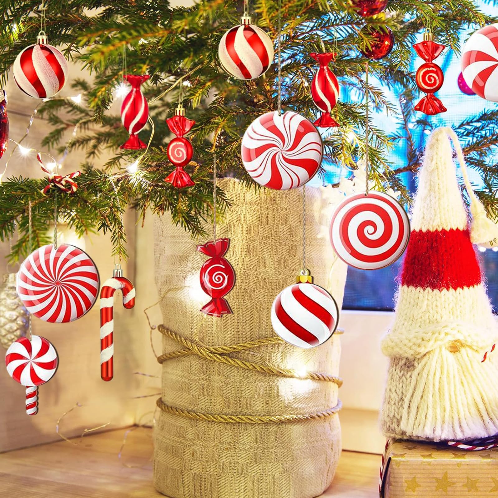 VIDSTW 24 Pièces Sucre D'orge Deco Noel Avec Trou Sucre D'orge Bonbon Avec Corde De Chanvre De 8M Candy Cane Peut Être Suspendu Sans Bavures Pour Sapin Noël Encadrement Porte Fenêtre