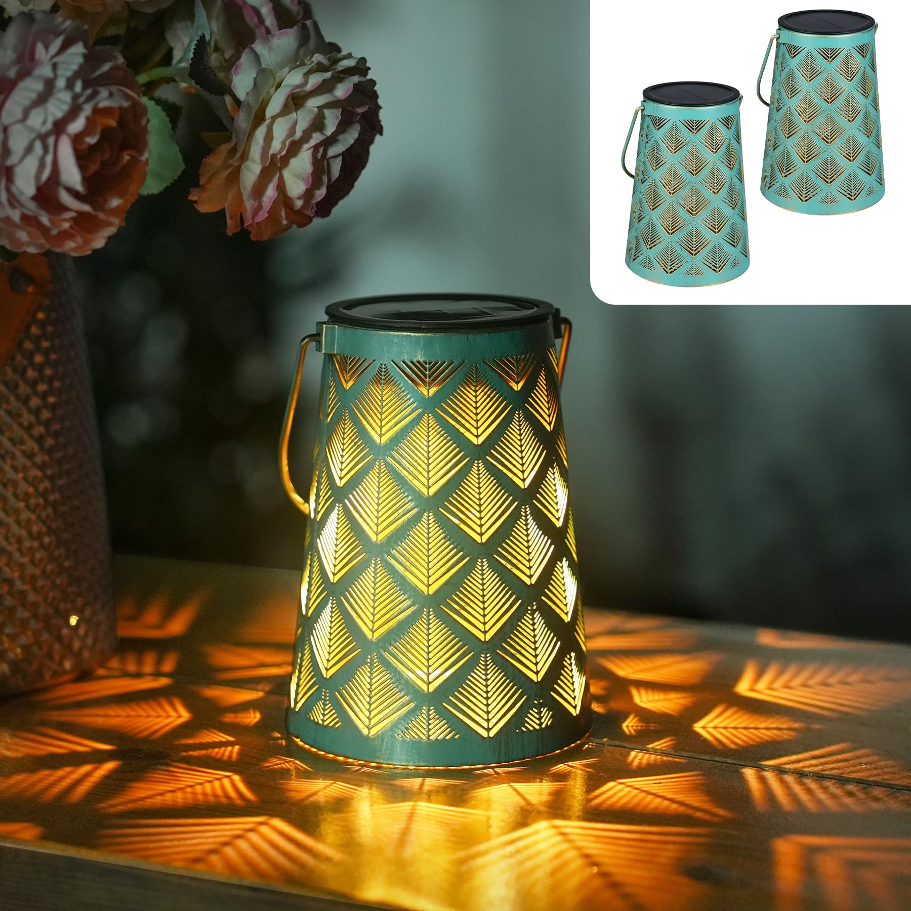 JOYCREATOR Solarlaternen für Außen Garten 2 Stück, Metall Solar Laterne für Draußen IP65 Wasserdicht, LED Hängend Orientalische Solarlampen für Aussen Gartendeko Balkon Terrasse 2er Set (Grüngold)