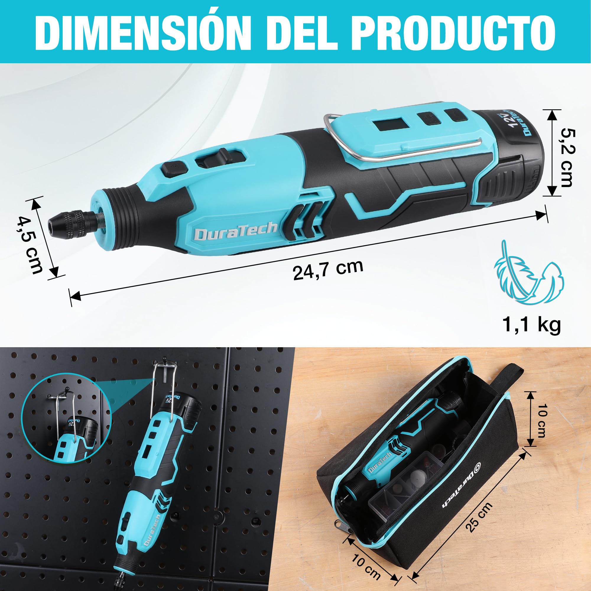 DURATECH Amoladora Inalámbrica de 12V, Multiherramienta Recargable de 35000RPM, Herramienta Rotativa con 118 Accesorios, 7 Velocidades Variables, para Cortar, Tallar, Grabar, Perforar