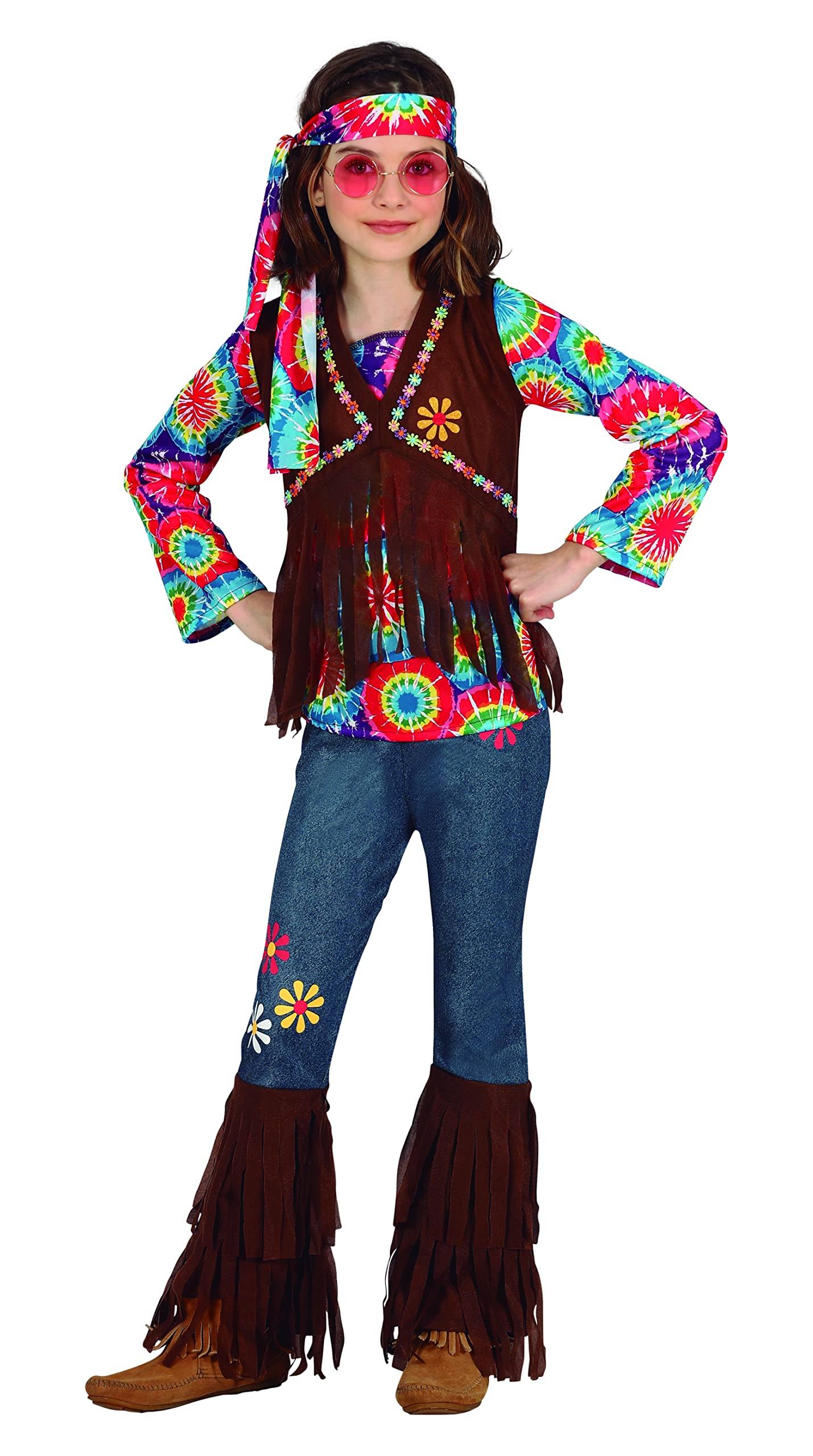 FIESTAS GUIRCA Disfraz de Niña Happy Hippie - Atuendo Infantil Años 70 con Cinta Cabeza Hippie, Camiseta Multicolor de Tie-Dye, Chaleco y Pantalón para Niñas