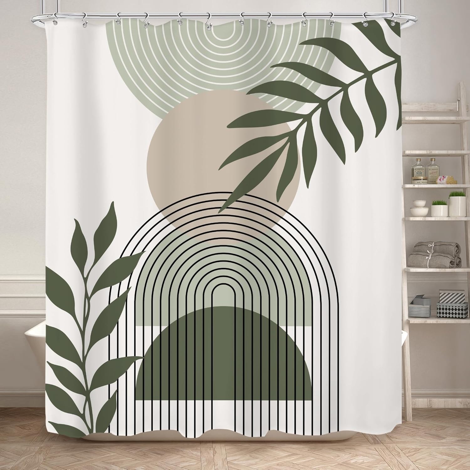 Sage Green Boho Fabric Shower Curtain 77x94in-195x240cm Abstract Modern Mid Century Bathroom Curtains, Bohemian Plant Leaves Geometric Arch Simple Waterproof Shower Curtain with Hooks