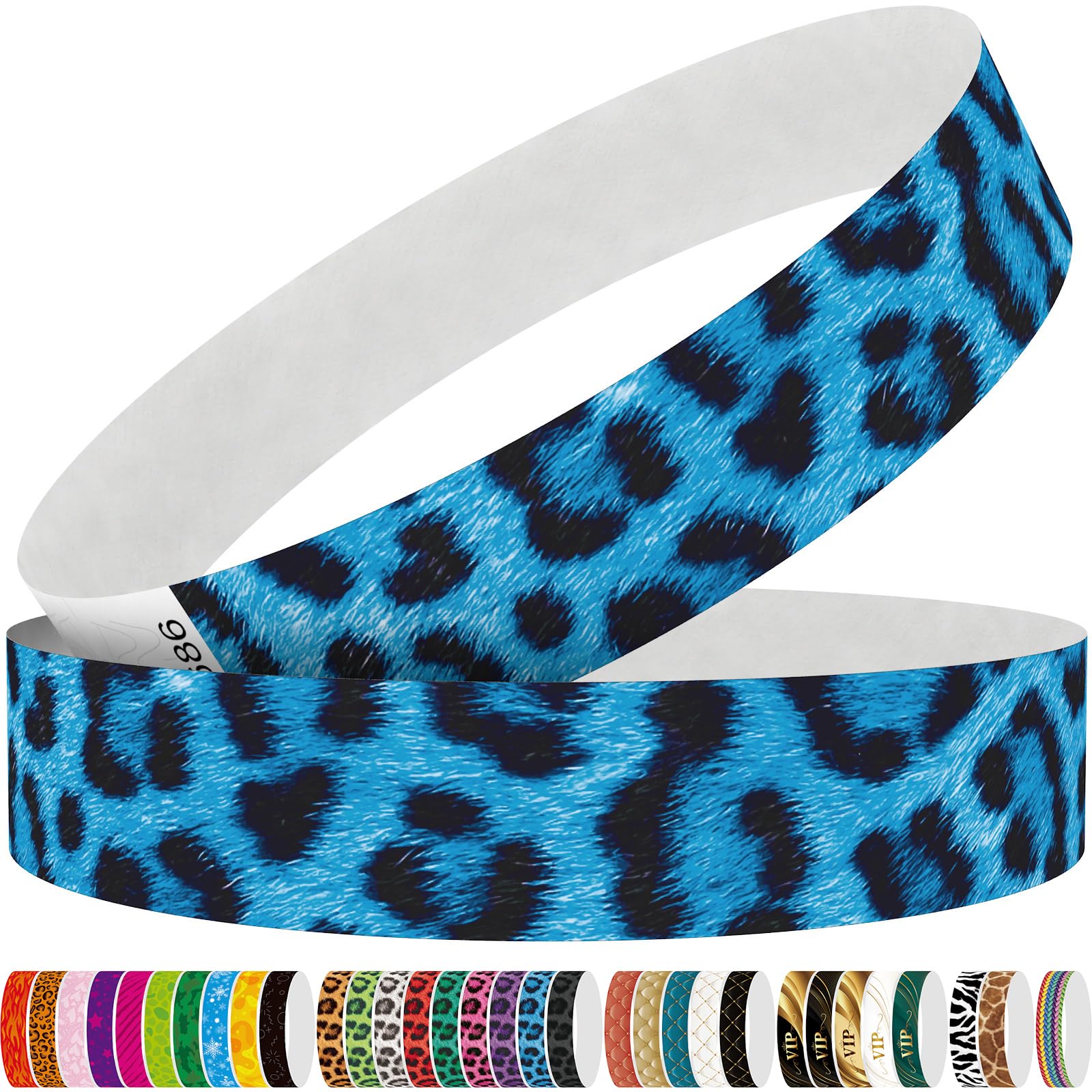 WM infinite Tyvek Wristbands for Events, Leopard Colorful Creative Design 3/4" Paper Wristbands 250 Pack for Party, Grouped, Team Building and Identification (Leopard Blue)