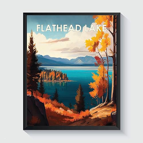 Póster de lago de cabeza plana, ilustración, arte de pared, decoración de paisaje retro, paisaje, obra de arte para decoración de cabaña de granja