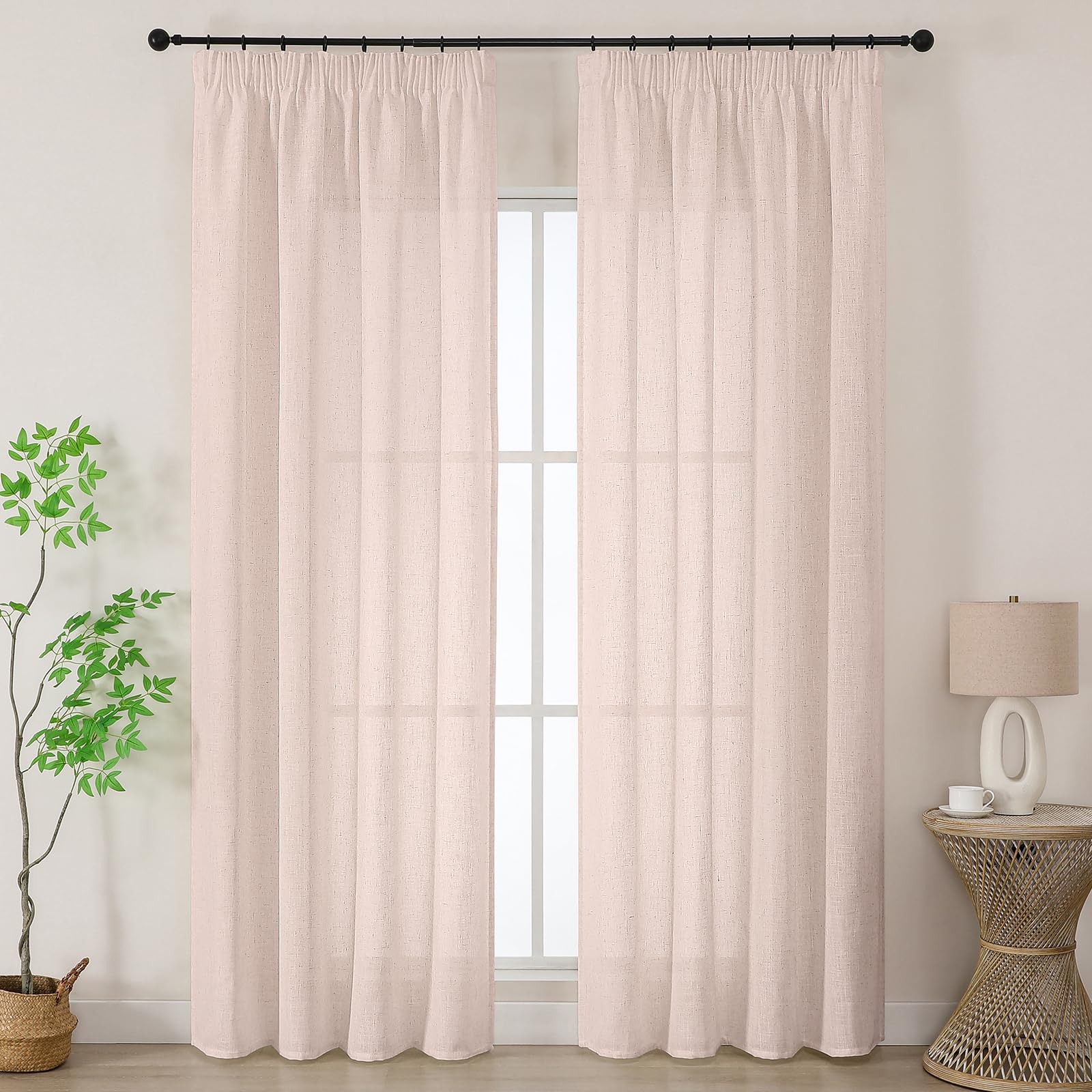 Joydeco Pink Linen Blend Voile Curtain Panels for Ceiling Track W55 x L102 Inch Drop 2 Panels, Semi Transparent Light Filtering Pencil Pleat Sheer Curtains for Bedroom Nursery Room Patio Door