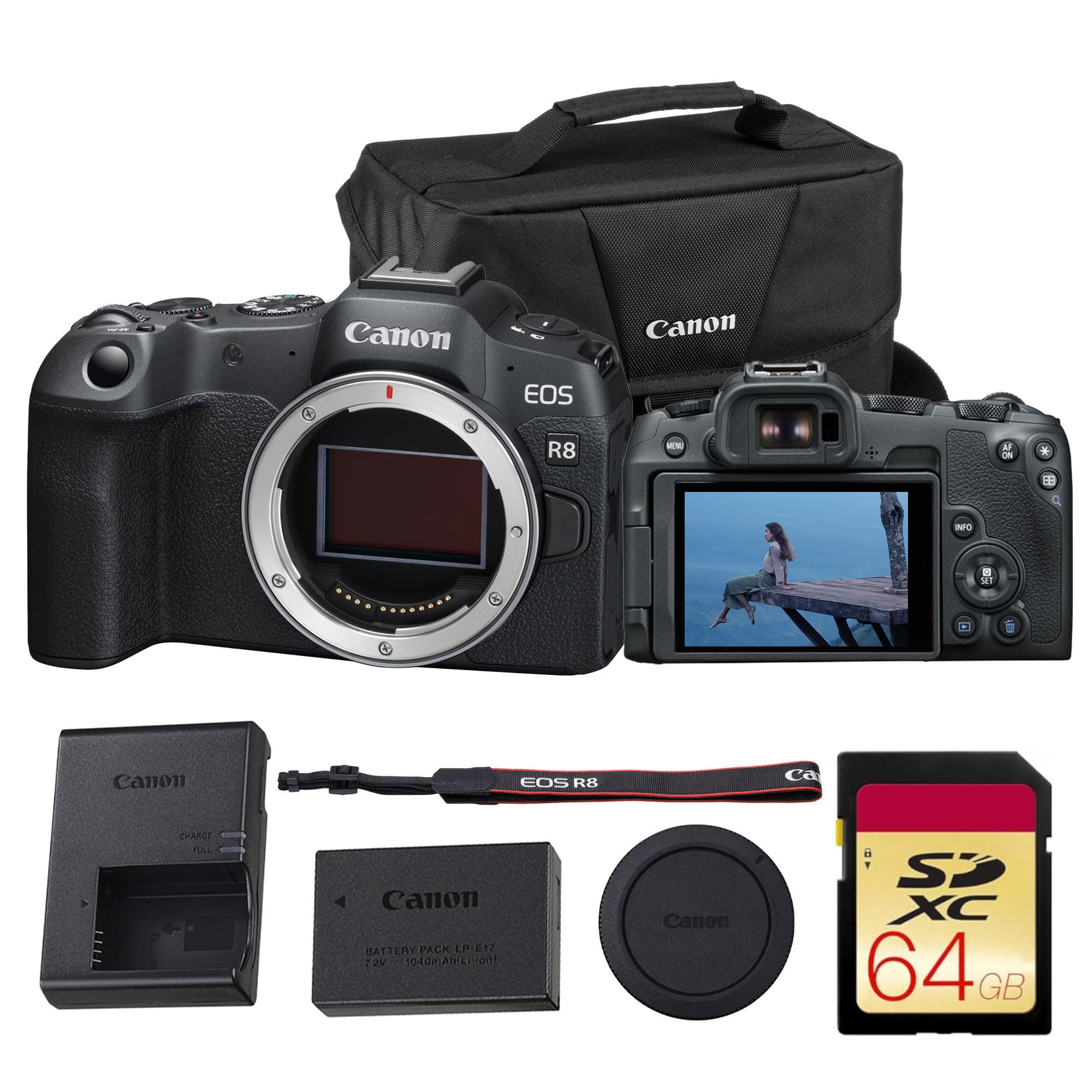 Canon EOS R8 Full-Frame Mirrorless Camera – 24.2MP, 4K60p Video, Dual Pixel AF II, Wi-Fi, Lightweight Body – Body Only (5803C002) + 64GB Memory Card +