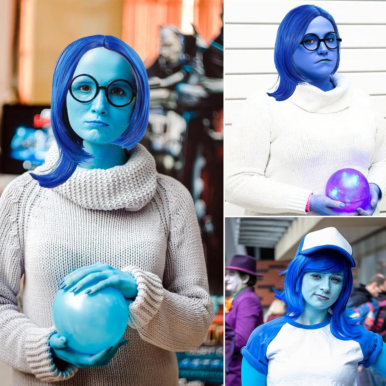 Blue Wigs for Women, Short Blue bob Wigs Sadness Cosplay Wig Anime Synthetic Hair for Halloween Costume Party (1 Glasses+ 1 Hair Cap)