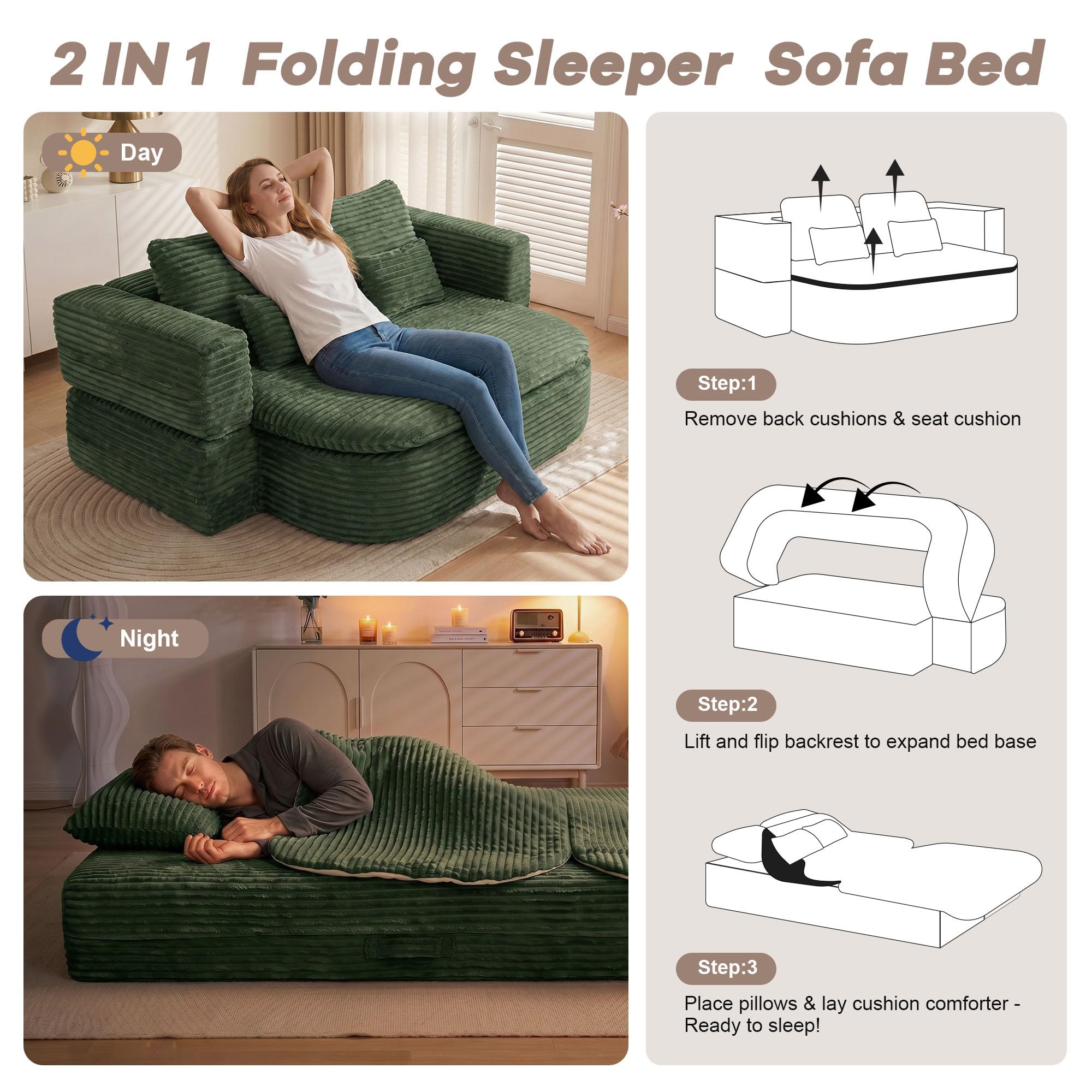 75'' Folding Sleeper Sofa Bed, Memory Foam Boneless Couch | Full Size Guest Bed Mattress, Modern 2-in-1 Floor Deep Seat Sleeper Sofa with 4 Pillows and Blanket | Corduroy Green