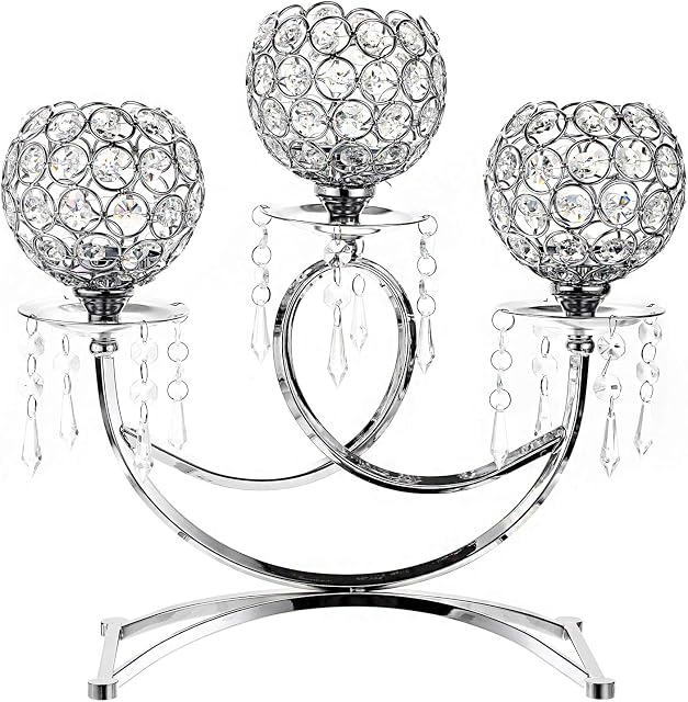 SUMTREE 3-Arm Crystal Bowls Tealight Candelabra Candle Holder for Home Office Wedding Table Centerpiece Decoration (Silver)