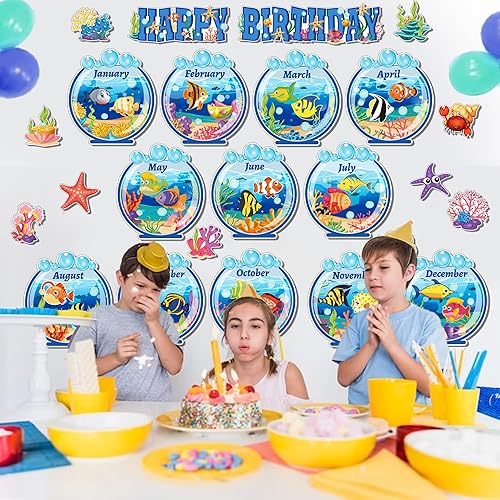 Miniatura 6 de Juego de 48 tablones de anuncios de cumpleaños bajo el mar, decoración de aula temática oceánica, feliz cumpleaños, decoración de peces de animales