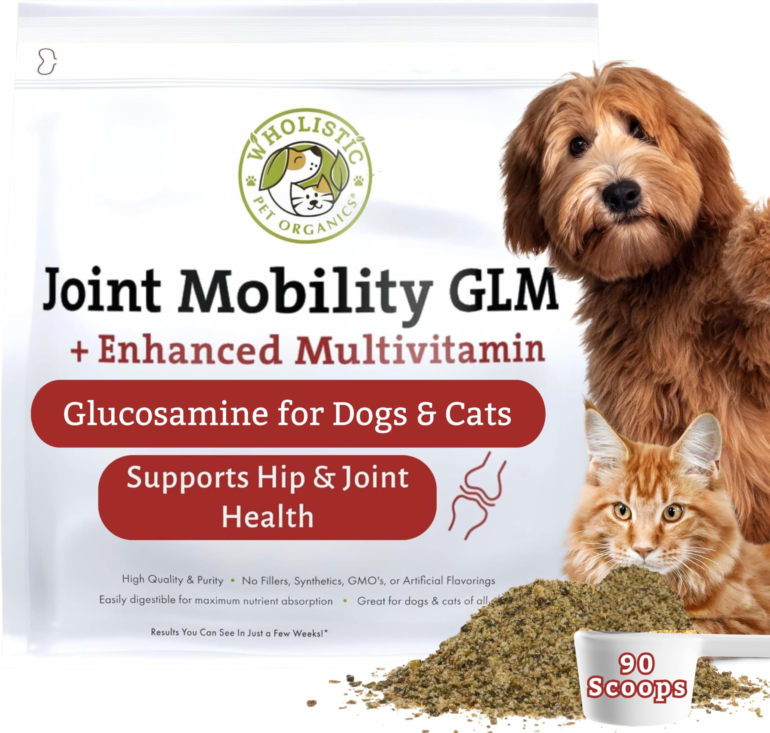 Hip and Joint Supplement for Dogs & Cats - Cat & Dog Joint Supplement - Green Lipped Mussels, Glucosamine, Chondroitin for Dogs & Cat Mobility Support - 2 Lb - 90 Scoops