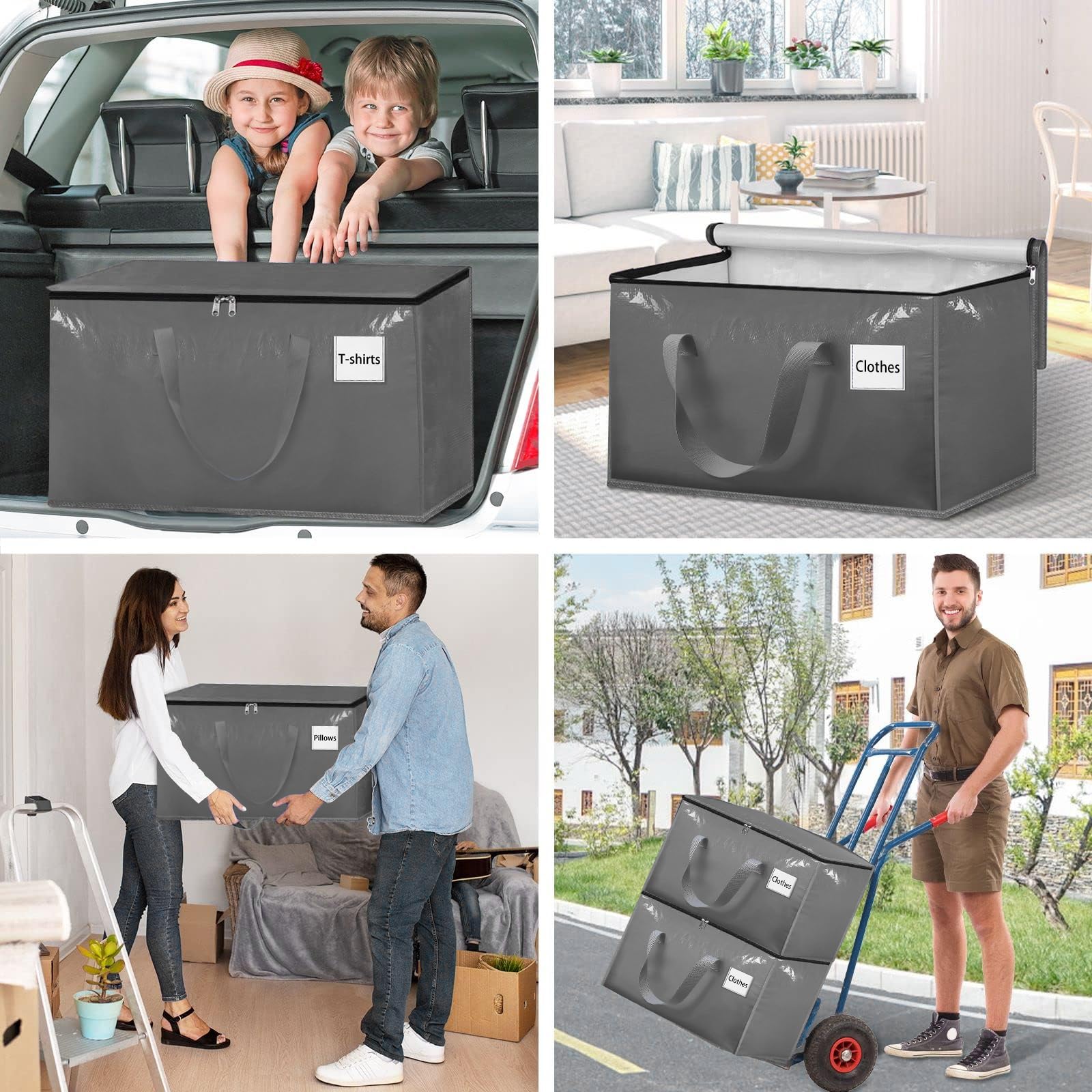 Withosent 100L Grande Bolsa de Almacenamiento, 6 Piezas Impermeable Bolsas de Mudanza con Cremallera y Asa, Bolsas para Guardar Ropa Edredones, Alternativa a las Cajas de Mudanza, Gris