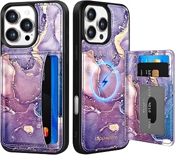 Uppuppy for iPhone 16 Pro Case with Wallet - Fits 4 Card Slots, Compatible with MagSafe for Women Aesthetic Durable PU Leather Credit Card Holder Kickstand Phone Cover for Apple 16 Pro, Purple Marble