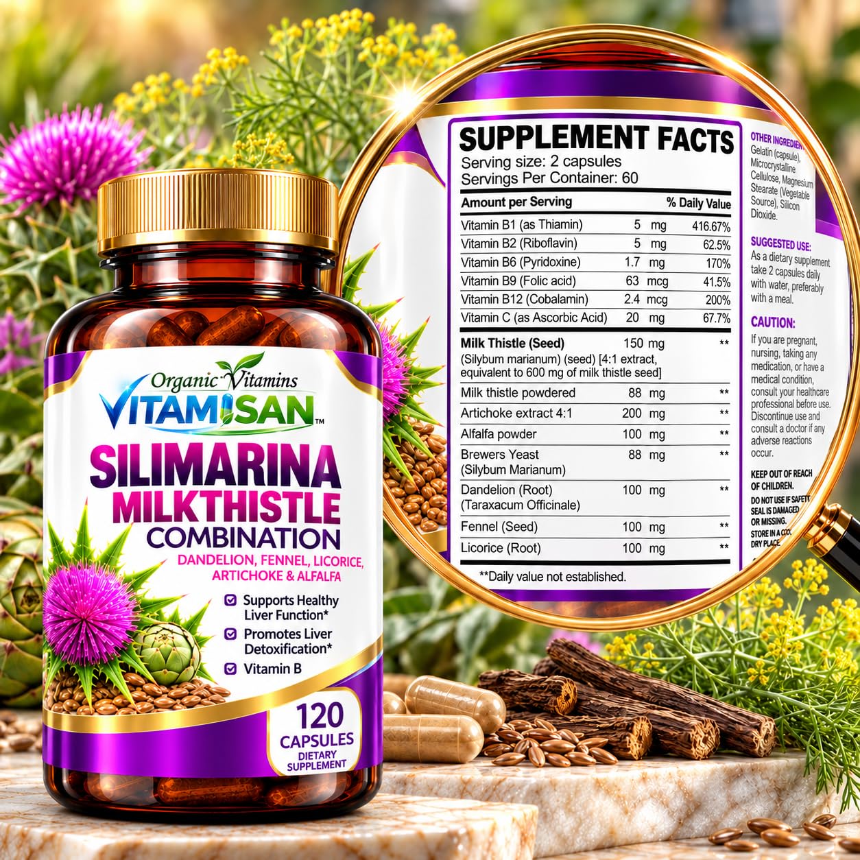 VITAMISAN Milk Thistle silimarina with Dandelion, Fennel. Licorice, Artichoke Alfalfa Detox & Cleansing Formula Support Liver 120 Capsules — Amazon image 2
