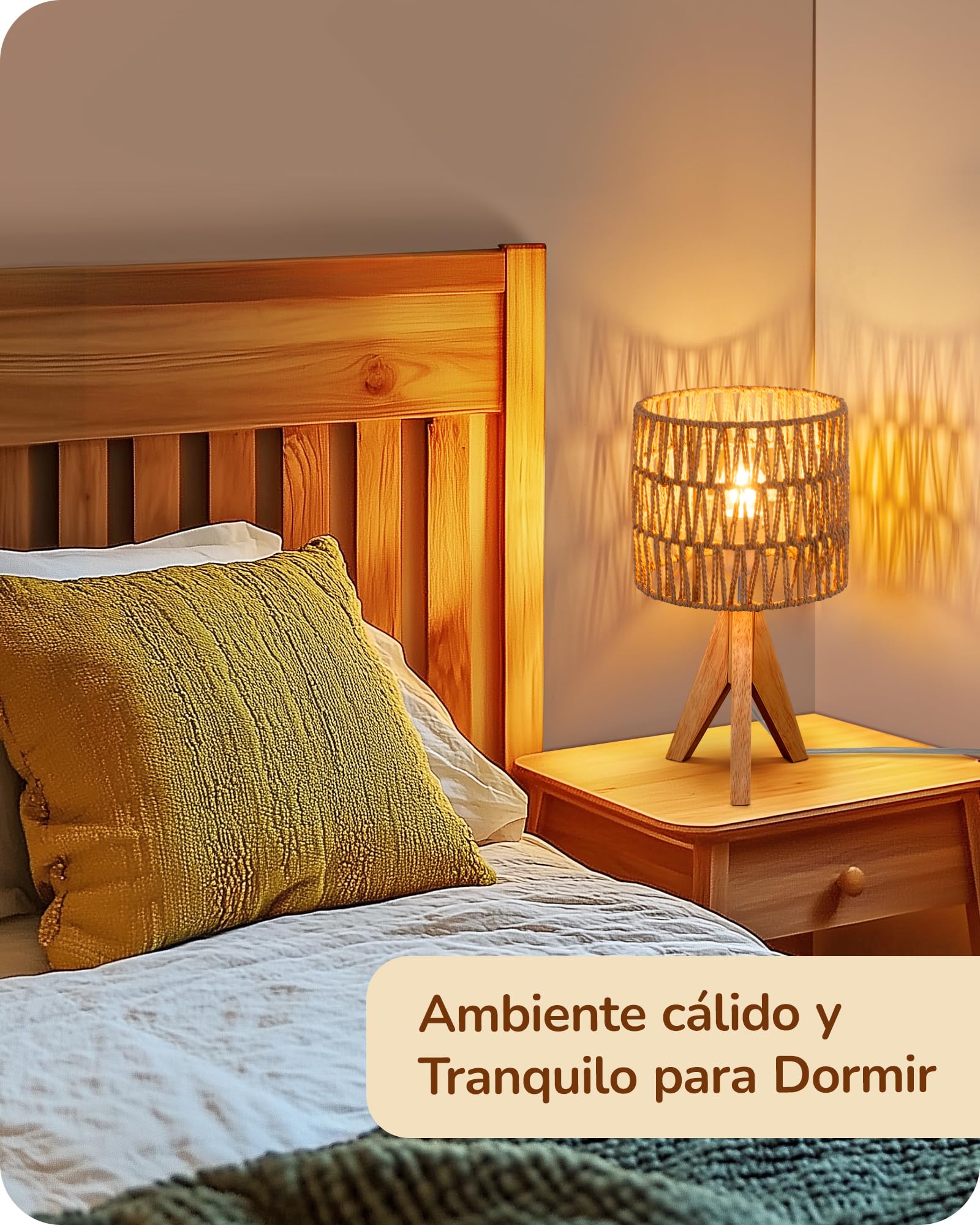 EDISHINE Lámpara de Mesita de Noche, Lámpara de Mesa con Pantalla de Lino Blanco y Base de Madera Natural, Casquillo E27, Bombilla LED de 2700K Incluida, para Sala de Estar, Dormitorio y Oficina