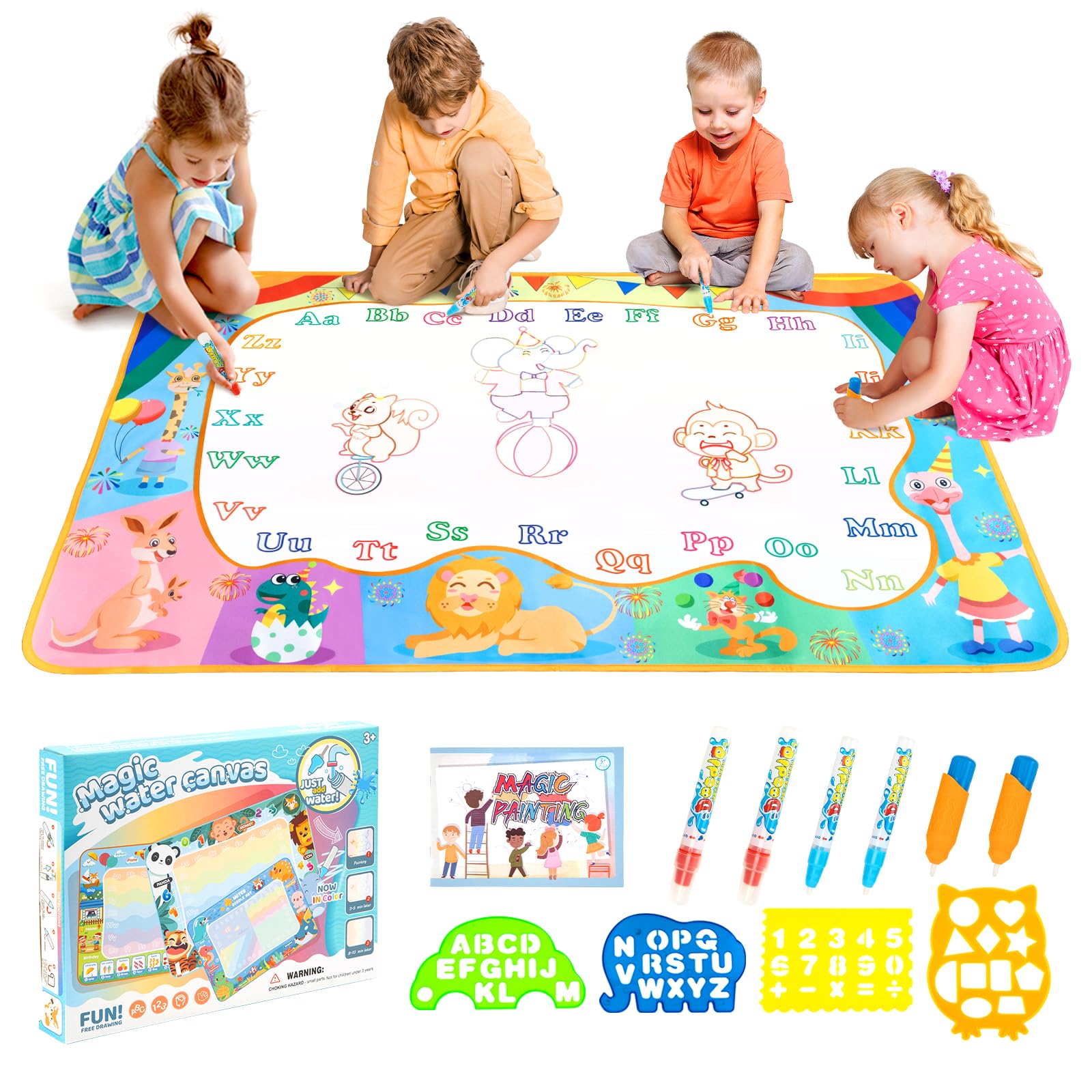 Funsland Alfombra Pintar Agua Niños - 110x70 cm Agua Dibujo Pintura, Réutilisable Manta Mágica Pintura,Juguetes Niña Niños 3 4 5 6 Años, Regalos Educativos Navideños para Niños