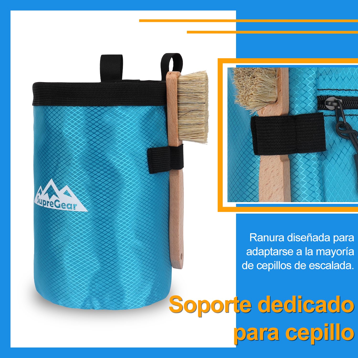 Supregear Bolsa de Magnesio para Escalada en Roca, Bolsillo Grande con Cremallera, Cierre de Cordón y Mosquetón