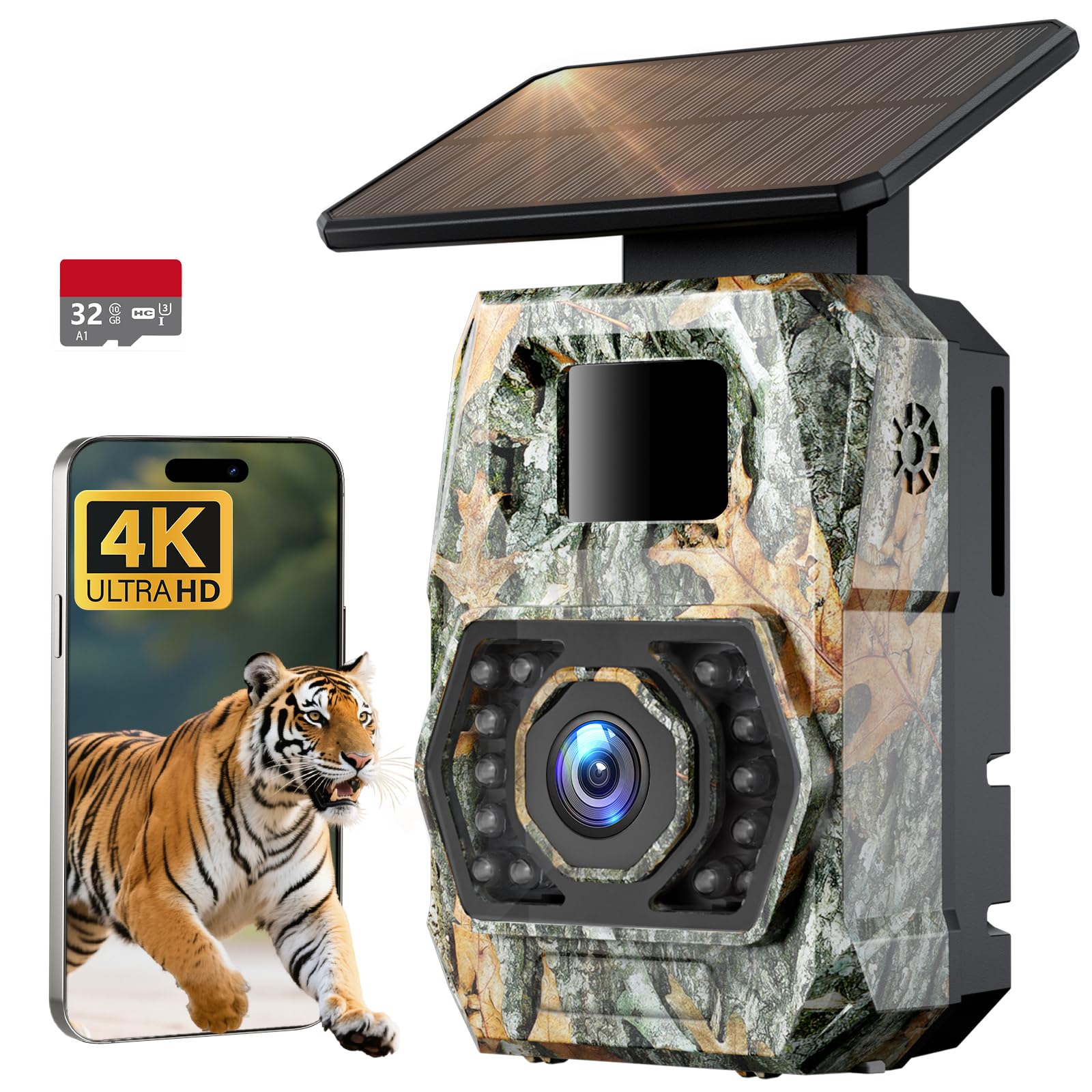 Sovonix Wildlife Camera Wifi Bluetooth - 4K 60Mp Solar Trail Camera With Night Vision Activated Waterproof Ip66, 0.1S Trigger Speed, Built-In 5200Mah Rechargeable Battery For Animal Monitoring