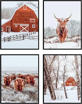 Insire Highland Cow Decor Posters, Farmhouse Bathroom Decor, Farmhouse Wall Art, Highland Cow Wall Art - Unframed Set of 4 8x10
