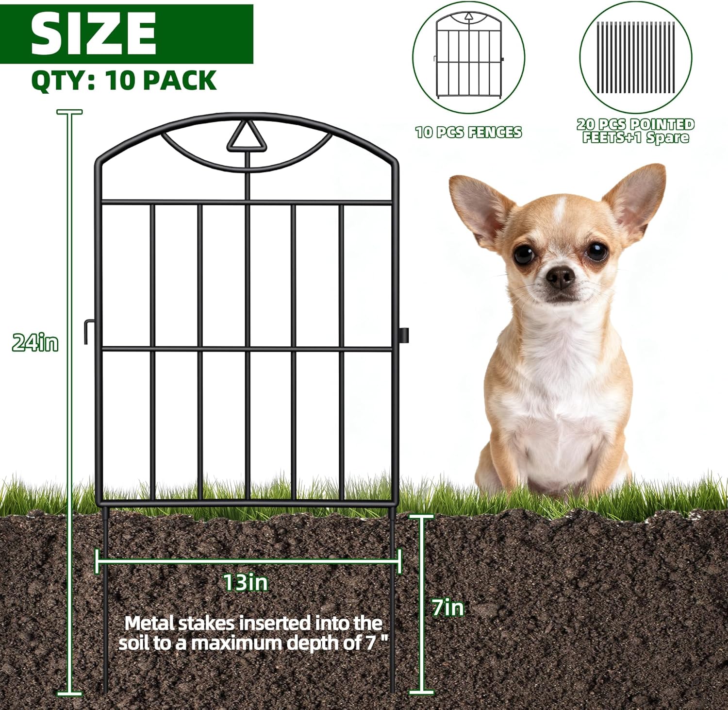 10 Panels Outdoor Decorative Garden Fence, 10.5 （ft） L x 24 (in) H, Black Rustproof Metal Wire Panel Barrier Fence, Animal Barrier Fence, for Landscaping and Yard Decoration