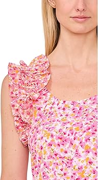 CeCe Women's Floral Ruffle Rib Tank, New Ivory at Amazon