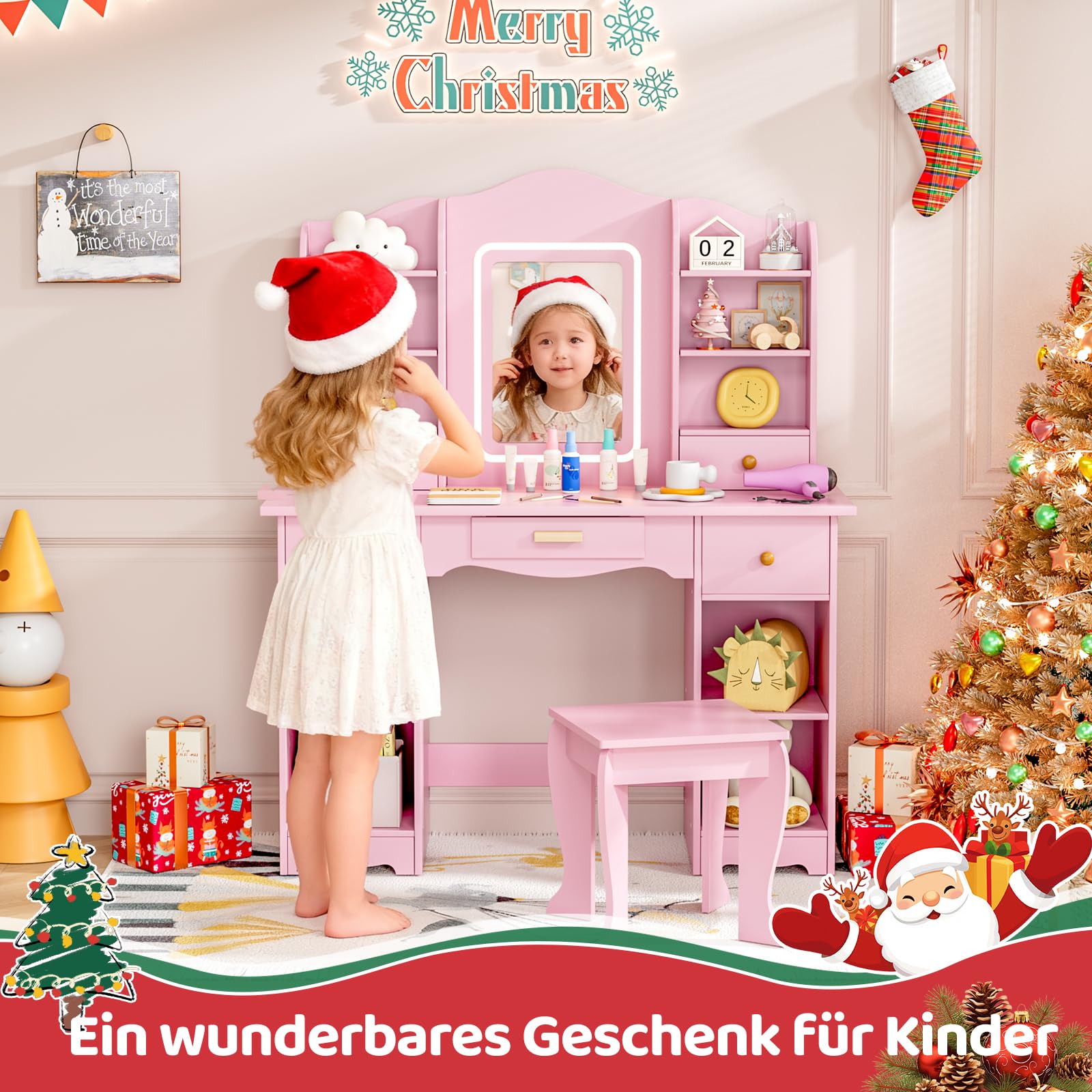 MAMIZO Schminktisch Kinder mit LED Beleuchtung, Kinderschminktisch mit Spiegel, Schreibtisch mit Hocker, 5 Schubladen und 10 Fächer, Prinzessin Frisiertisch, Schminktisch Mädchen ab 3, Rosa