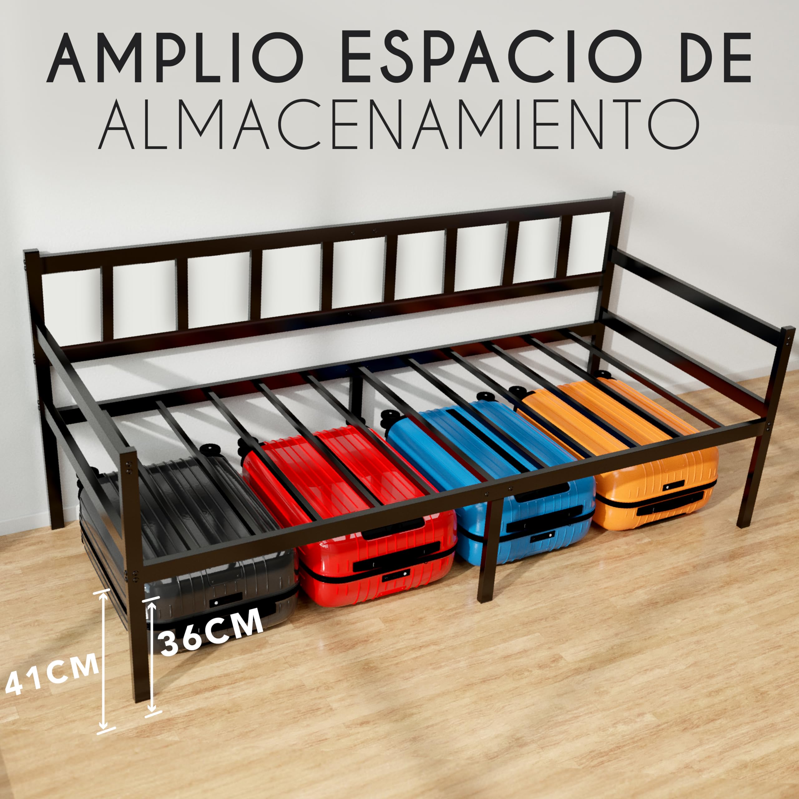 Cama de Asiento 2 en 1 – Cama de sofá 92 x 202 x 36 cm – Marco de Cama para colchón de 90 x 200 cm – Marco de Cama de 1 Plaza con somier – Banco de Cama Individual – Sofá Marco de Metal Negro