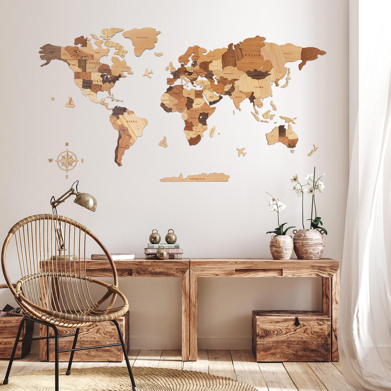 Creawoo Mapa del Mundo 3D de Madera para Decoración de Pared, Grande Mapamundi Maciza Natural Multicapa Arte de Pared para Oficina Sala de Estar Dormitorio, Mapamundi de Viaje de Madera-150x85cm