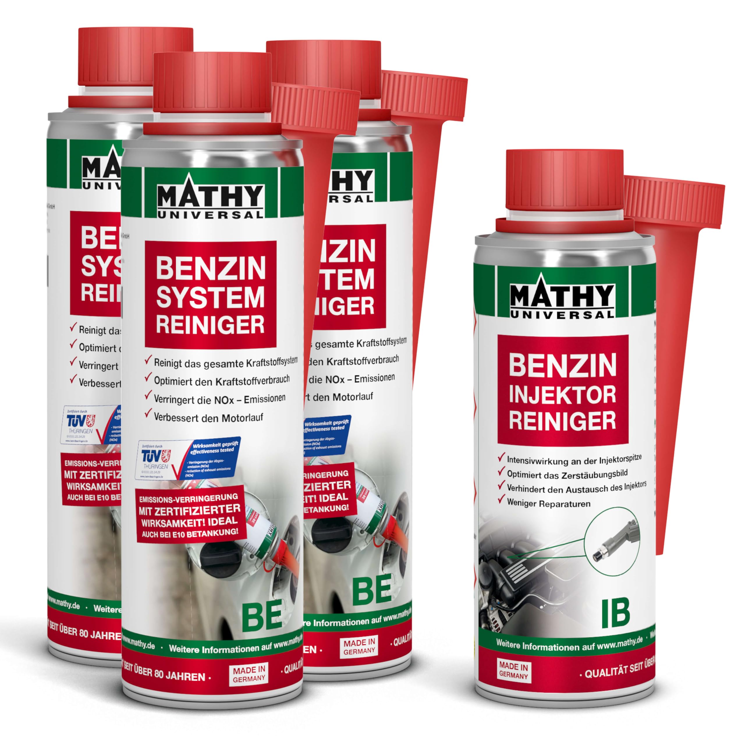 MATHY Benzin-Kur - Benzin Systemreiniger + Injektoren Reiniger Benzin - Intensive Reinigung von Einspritzdüsen & Ventilen - Benzin Additiv, 4 Dosen