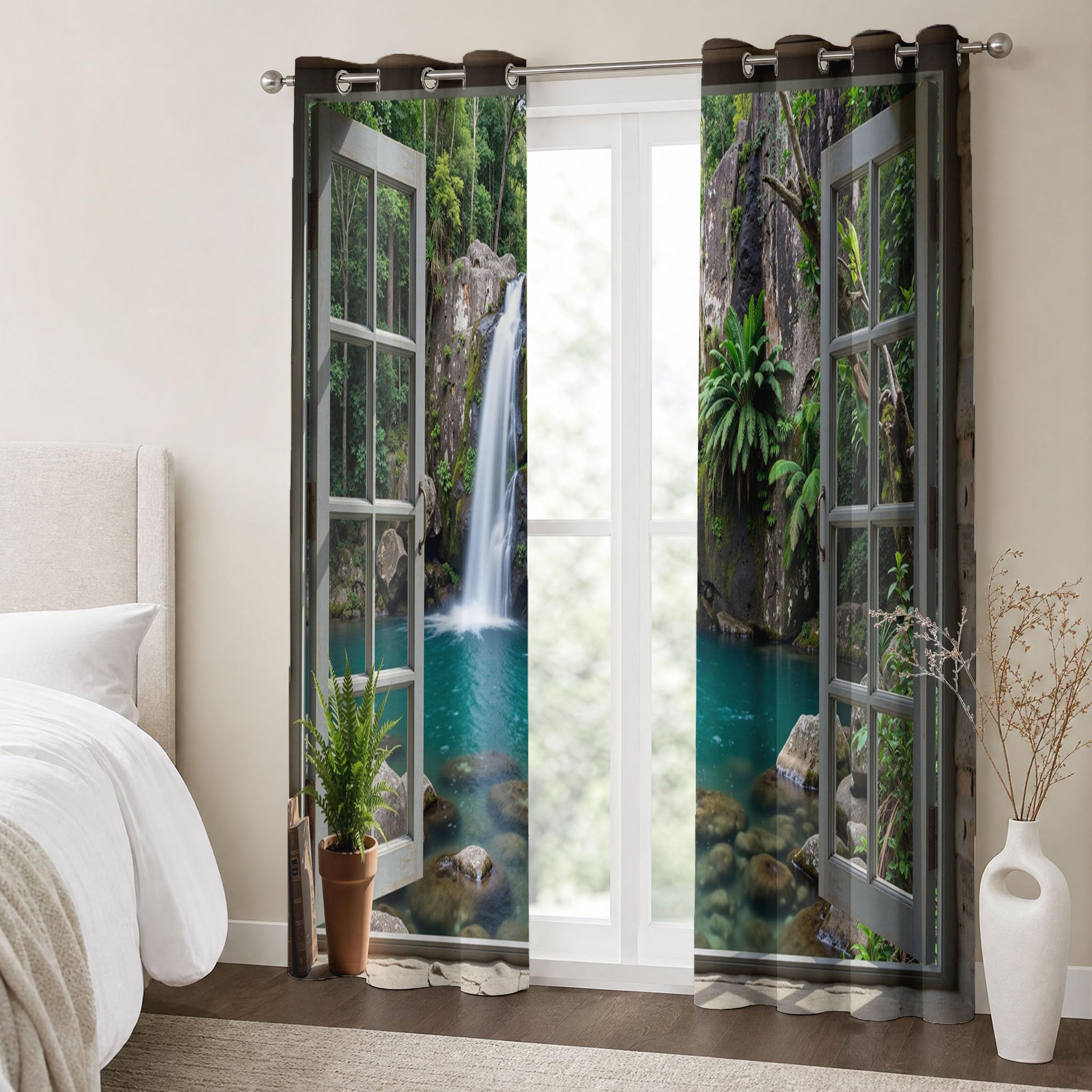 Rideau Occultants sur La Cascade La Jungle Depuis La Fenêtre Vert 140X160 Cm (Lxh) | Rideau Opaque Thermiques Cascade Fougères Fenêtre pour Chambre d'enfant,Lot De 2 Draperies Intérieurs À Oeillets