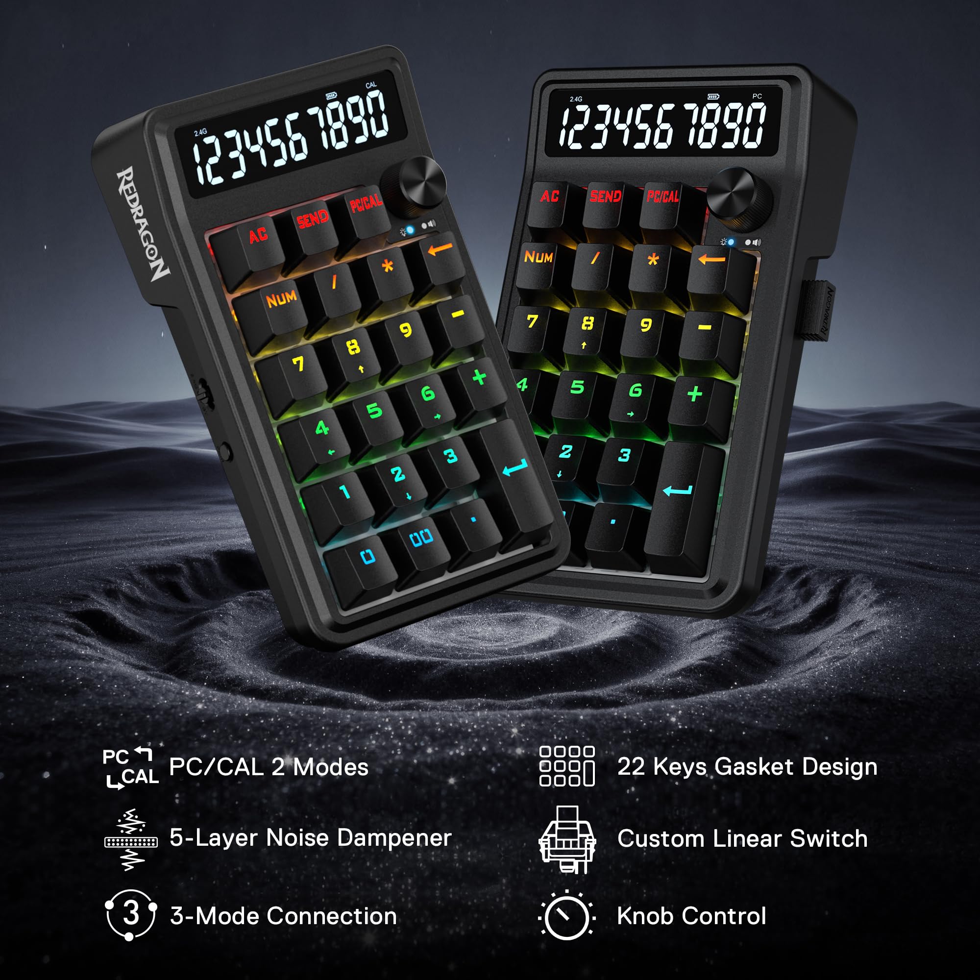 Redragon K733 PRO - Cuscinetto numerico RGB con guarnizione wireless, tastierino numerico meccanico a 22 tasti w/PC e modalità di calcolo, display calcolatrice a 10 cifre, controllo manopola