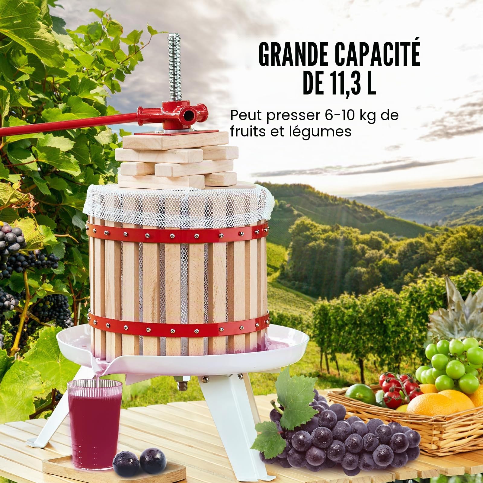 VEVOR Pressoir à Fruits Manuel 12 L Pressoir à Vin en Bois Massif avec 6 Blocs de Pressage Presse-Fruits Manuel Longue Poignée Broyeur de Fruits Légumes pour Pressage de Vins Jus de Fruit Cidre Purée