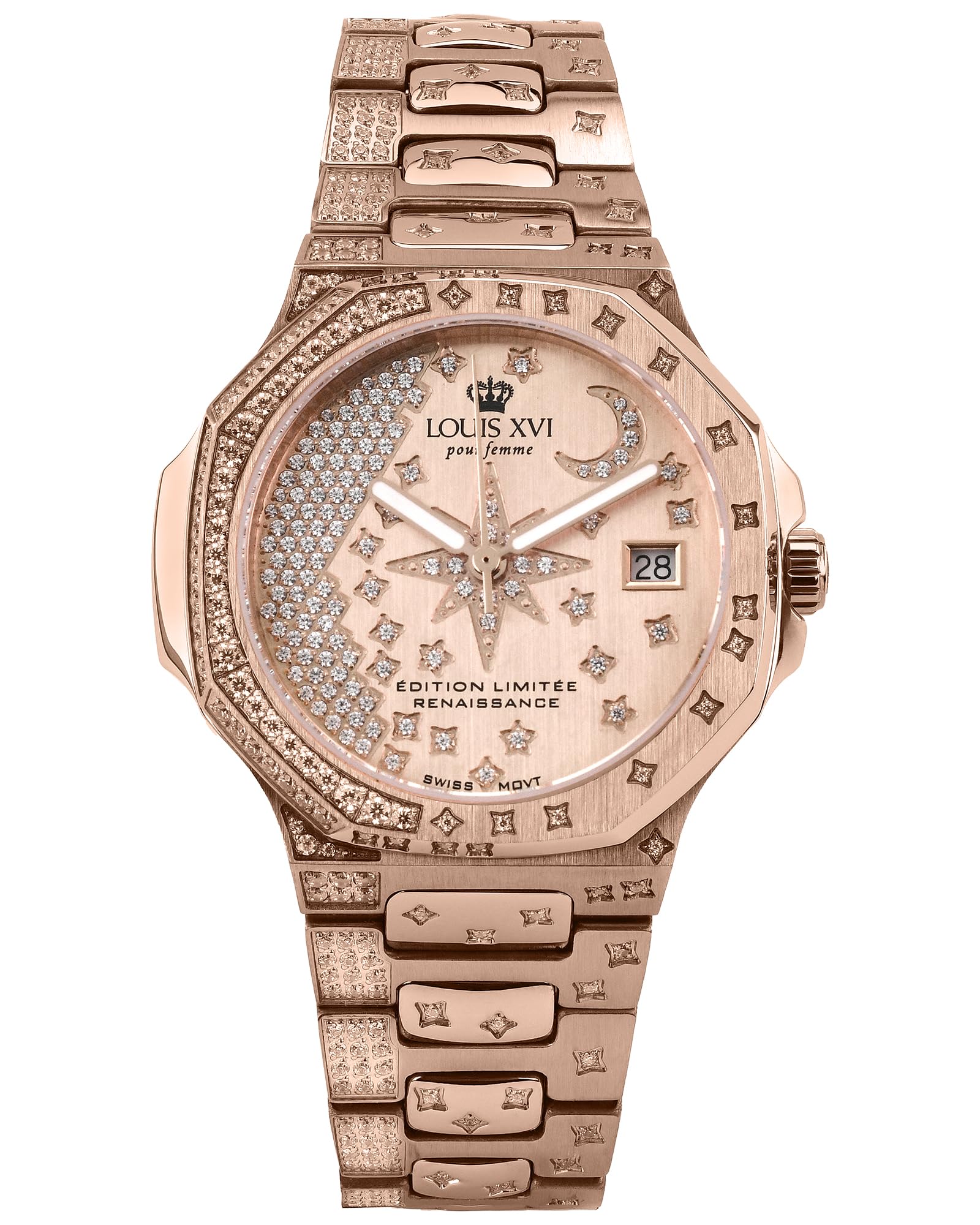 LOUIS XVI Renaissance Femme 6110 - Ø 35 mm - Damen Uhr - Wasserdicht - Armband Roségold - Zifferblatt Stars Edition Roségold mit Diamanten - Schweizer Quarzwerk
