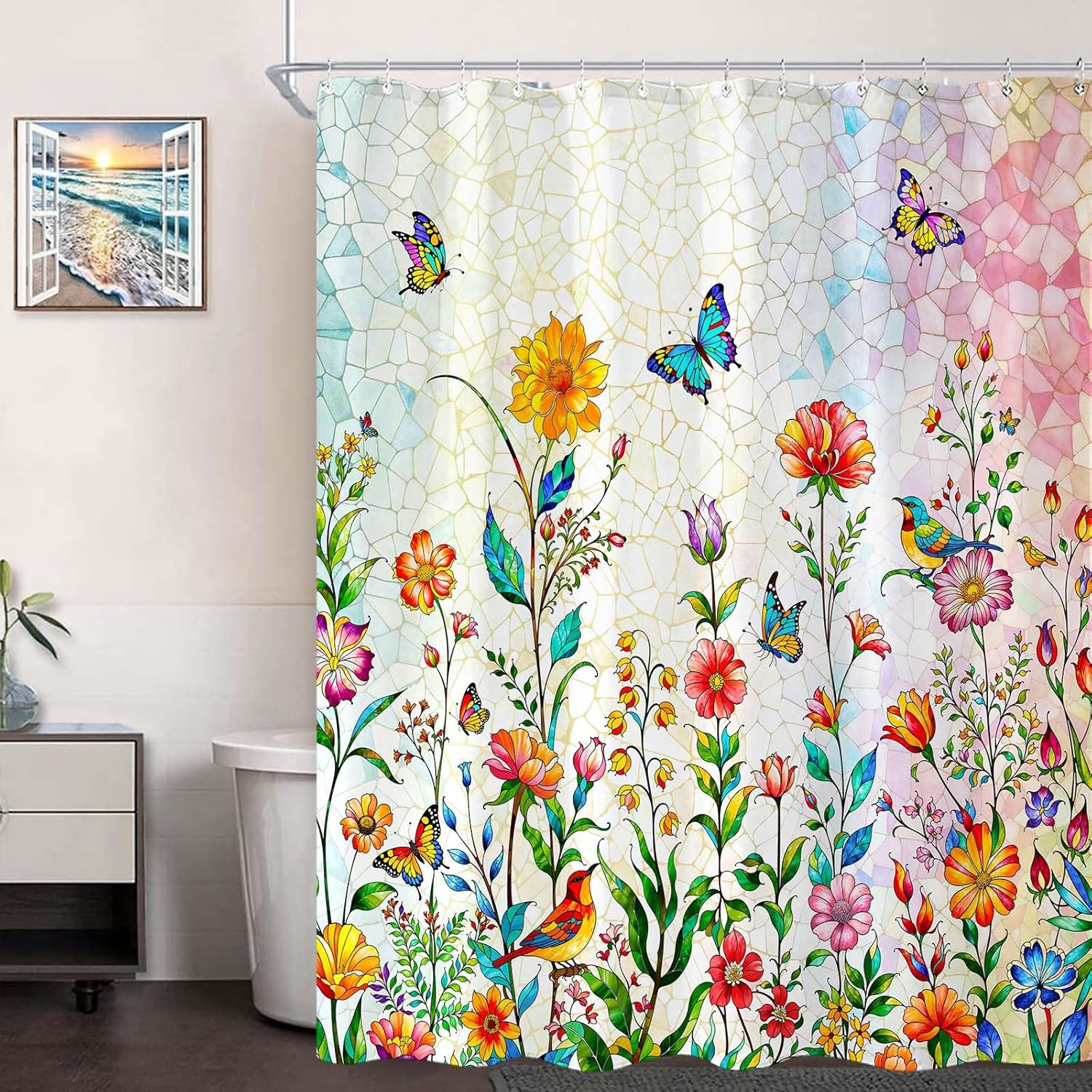 Floral Shower Curtain Stained Glass Shower Curtain Butterfly Shower Curtains for Bathroom Colorful Shower Curtain Set with 12 Hooks Flowers-01 72×72 Inches