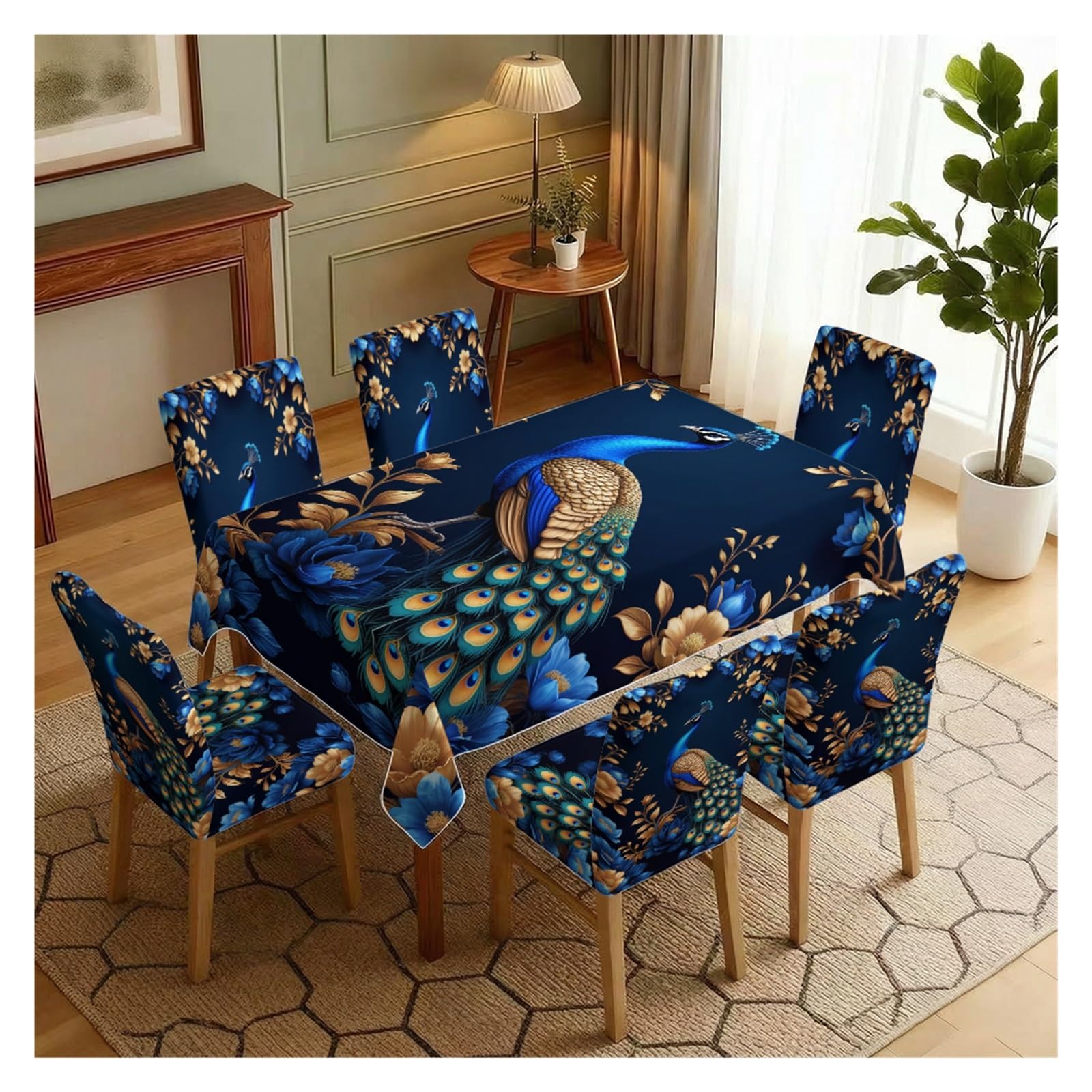KXUAUV Luxurious Peacock Floral Print Stretch Dining Chair Covers & Tablecloth Set, 5/7 Pack Party Decor(7pcs Set: Tablecloth+Chair Covers)