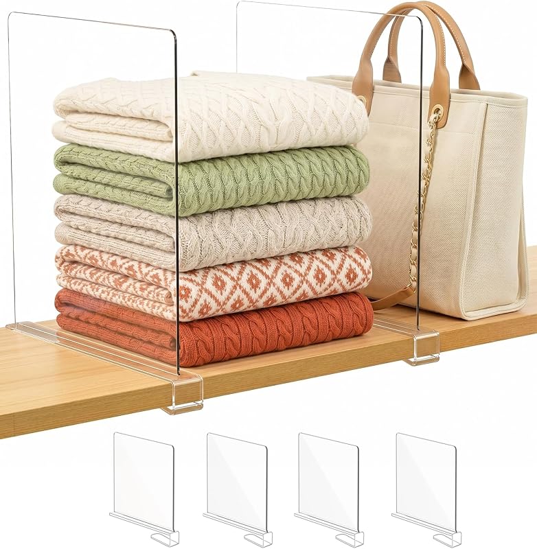 SortNStore Shelf Dividers Purse Organizer for Closet: 11" Tall (Extra Tall) | Acrylic Sweater Organizer - Upgraded Extra Height for Large Handbags, Totes, Clothes, Towels on Wood Shelves 4-Pack