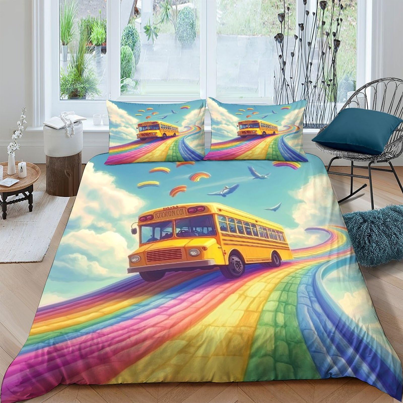 Ctjqhvkz Style-3 3D Printed Rainbow School Bus Fitted Sheet Microfiber Colorful Bed Cover For Bedroom Guest Room Dorm Mattress Protection Decor Single（135X200cm）
