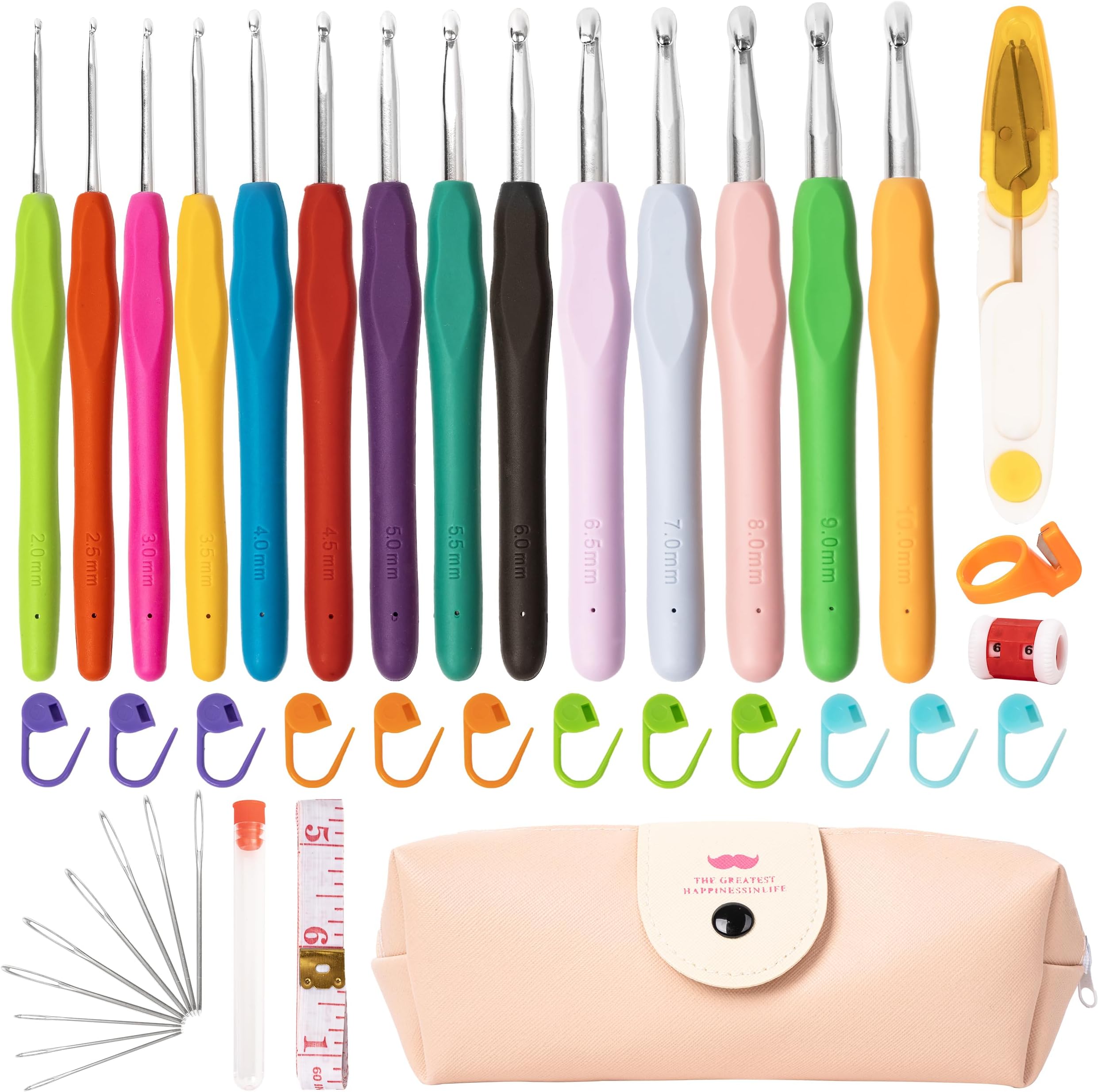 Harupink Häkelnadel Set 12 Stück | 2,0-8,0mm Mit Comfort Grip | Biene Design Mit Tasche