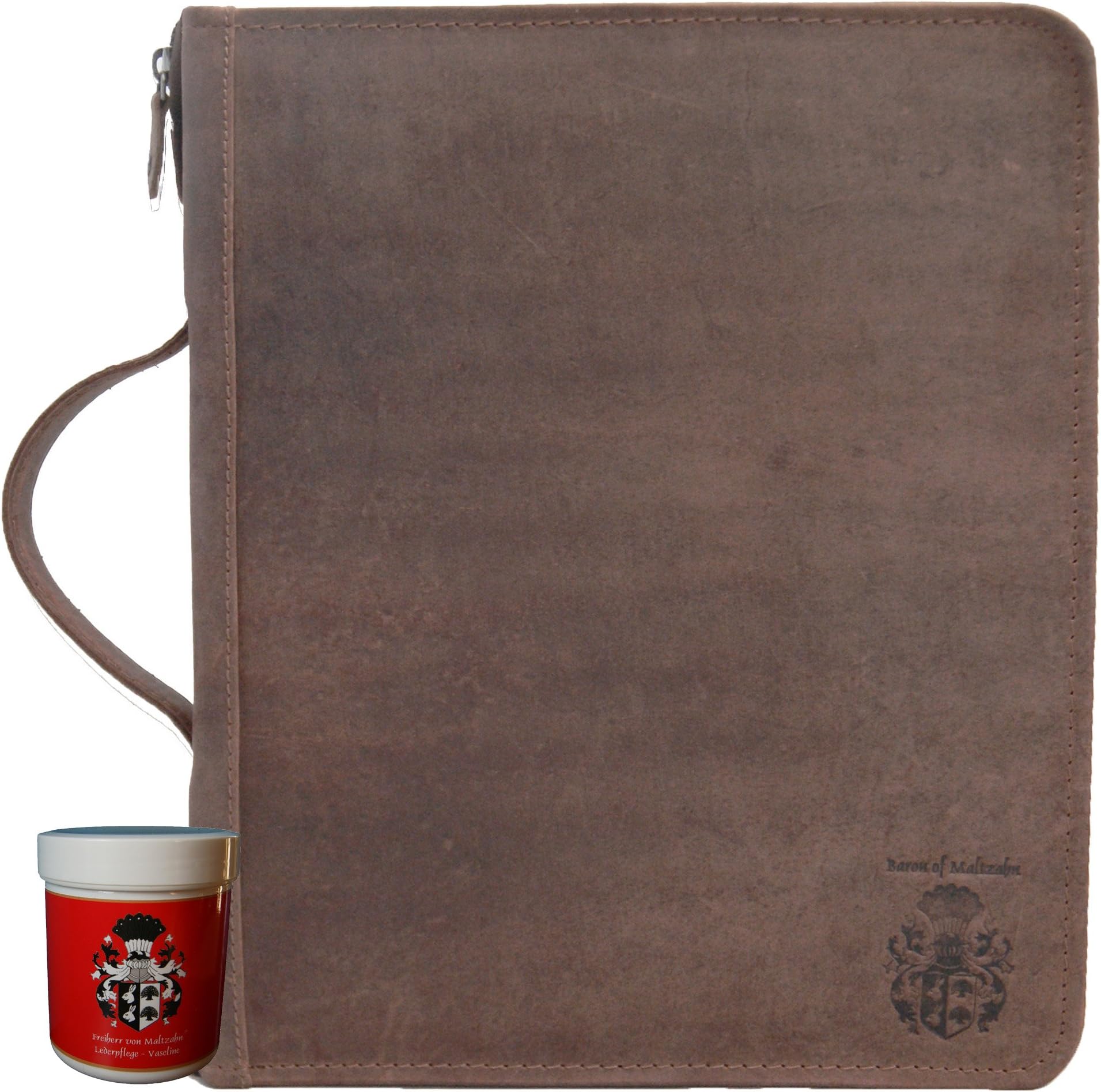 BARON of MALTZAHN Ring-Binder Conference Folder Tesla with Handle of Leather + Leather Care