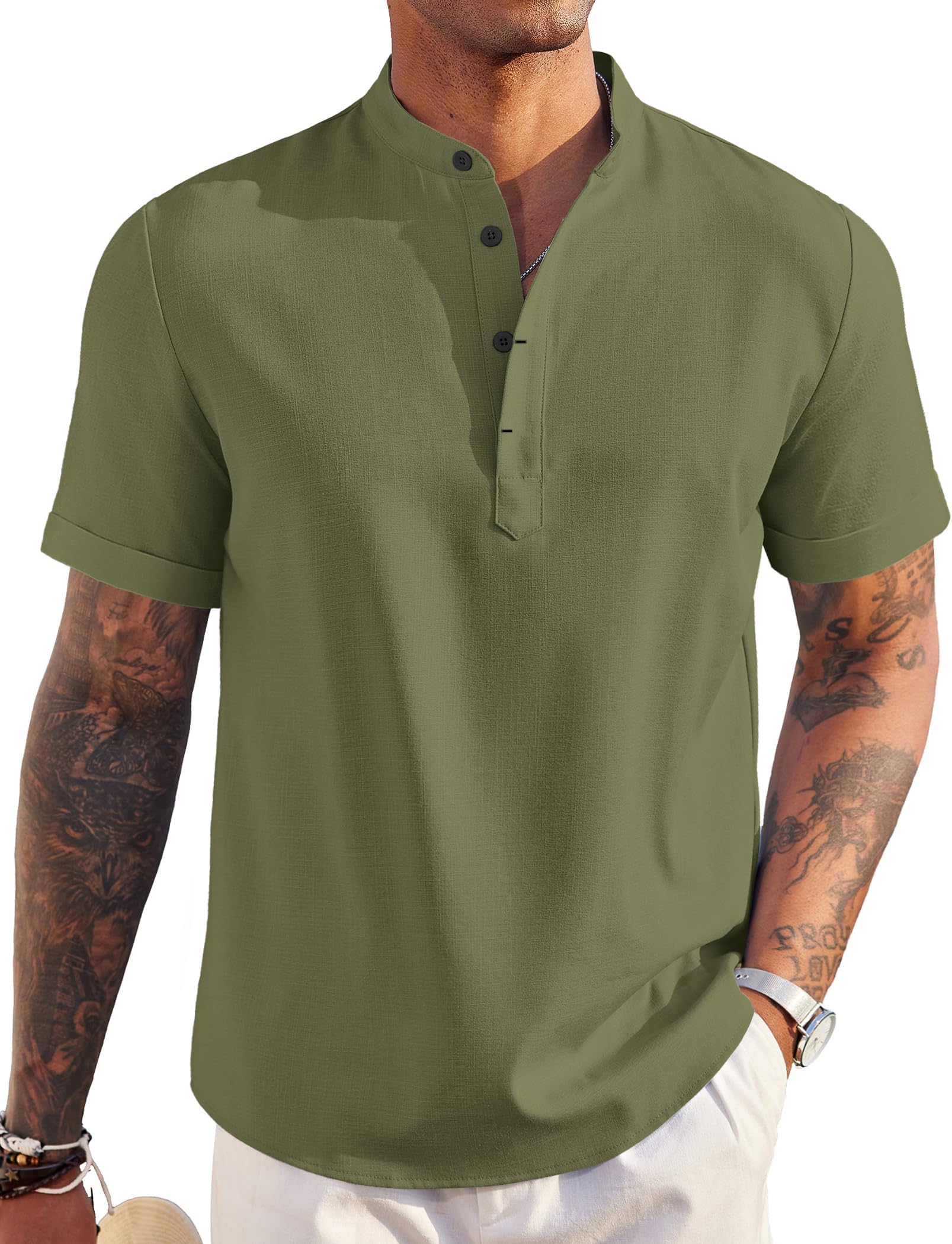 Men's Linen Henley Shirt Short Sleeve Casual Summer Beach Hippie T Shirts